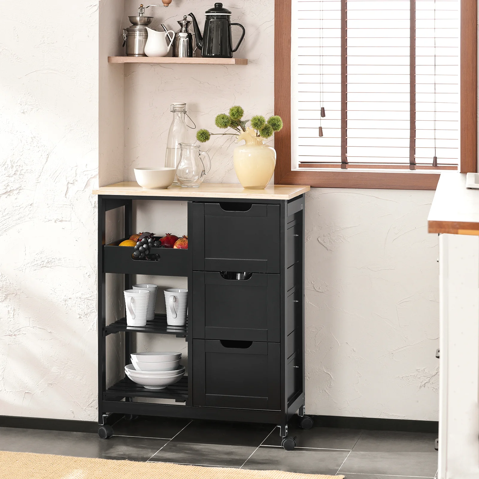 SoBuy FKW79-SCH Keukenkast op Wieltjes, Keuken Desserte met 3 Laden en 1 Verstelbaar Rek, Keukenopbergrek, L68xB38xH85cm, Zwart - Image 4