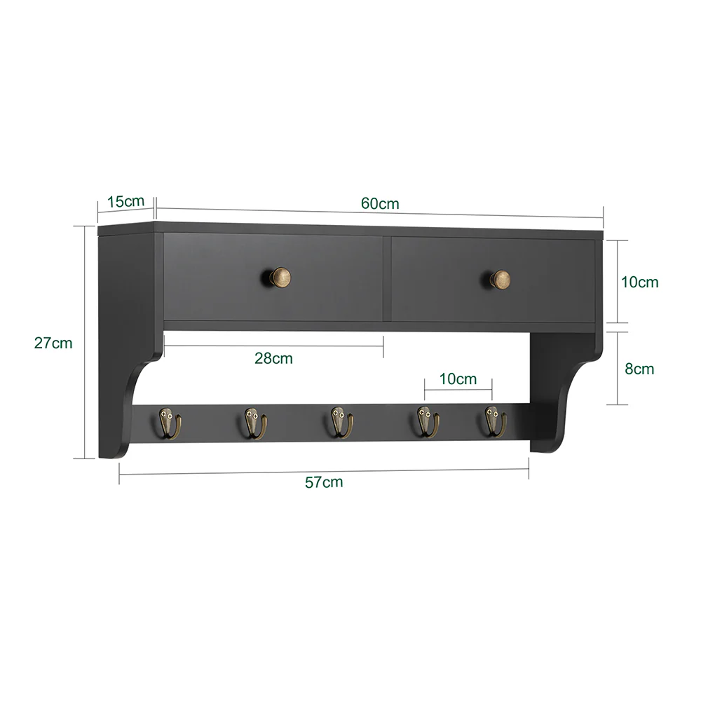 SoBuy FRG178-SCH Wandkast Wandgarderobe Wandgarderobe Wandkast Garderobelijst Hangrek met 2 laden en 5 haken - Image 3