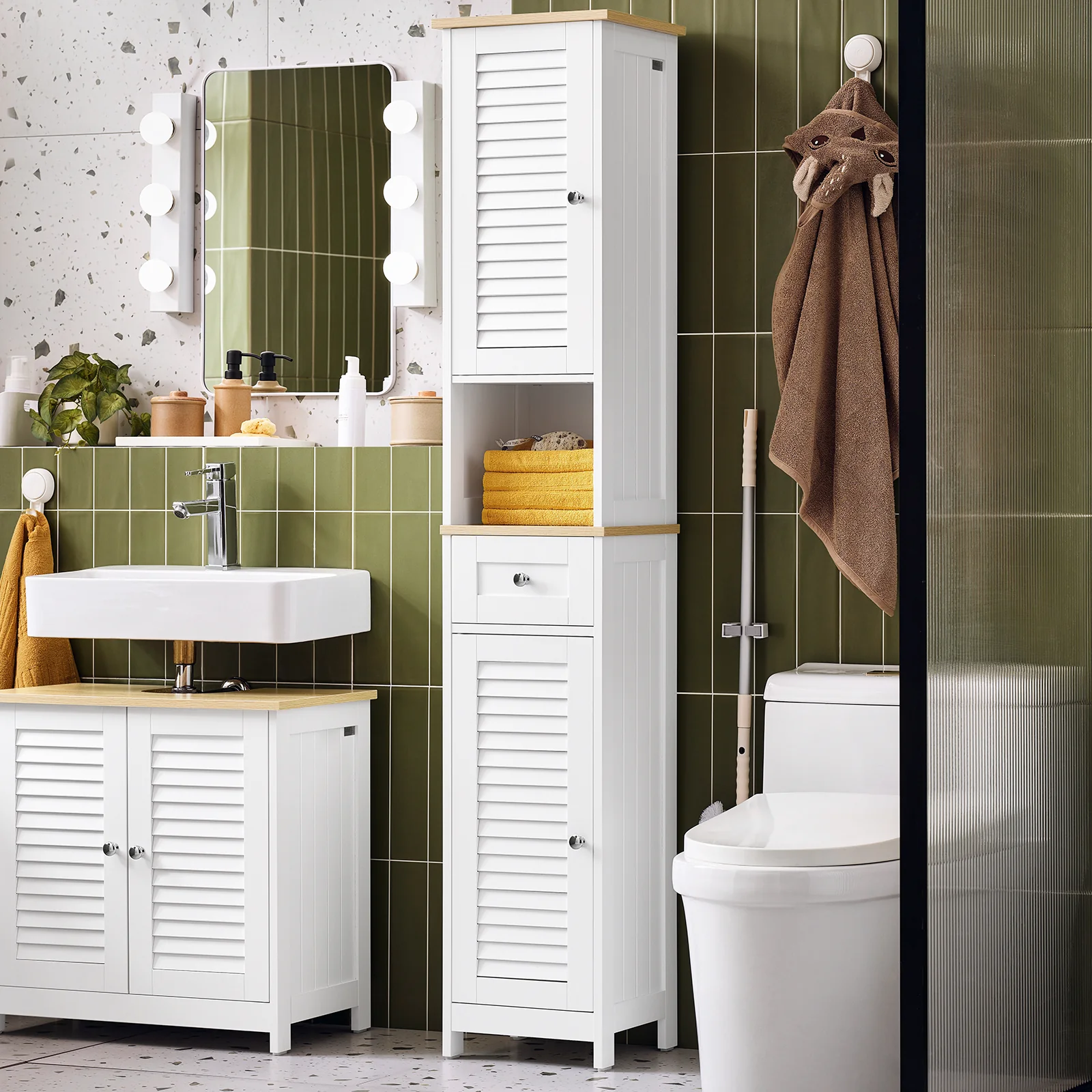 SoBuy FRG236-WN Badkamer-hoge kast badkamerrek badkamermeubel met 1 open vak, 1 lade en deuren wit natuur - Image 4