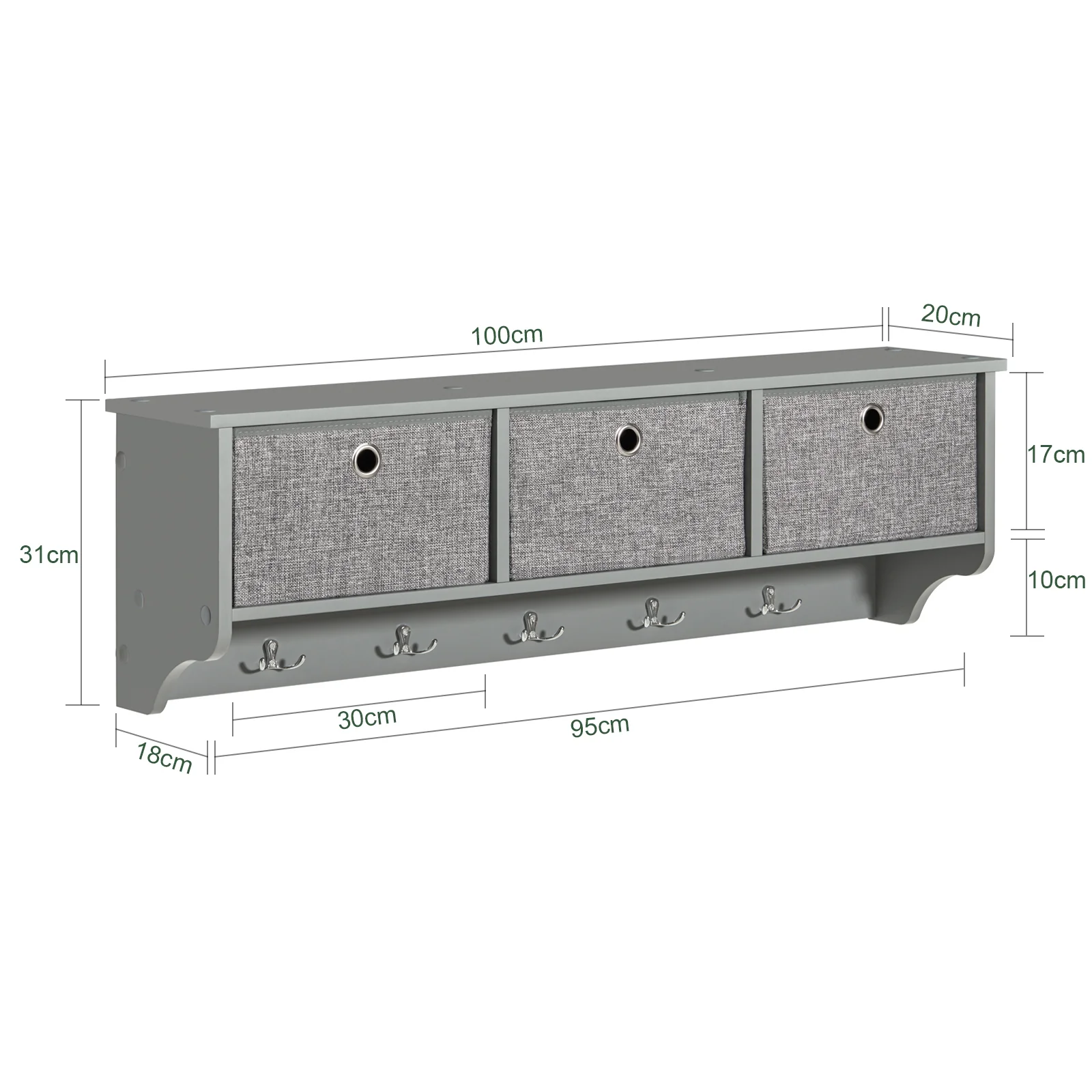 SoBuy FRG282-HG Wandkapstok met 5 Haken en 3 Mandjes – Houten Wandkapstok, Halmeubel met Plank – Hangende Kledingopslag voor Slaapkamer, Woonkamer, Badkamer – Grijs 100x20x30cm - Image 5