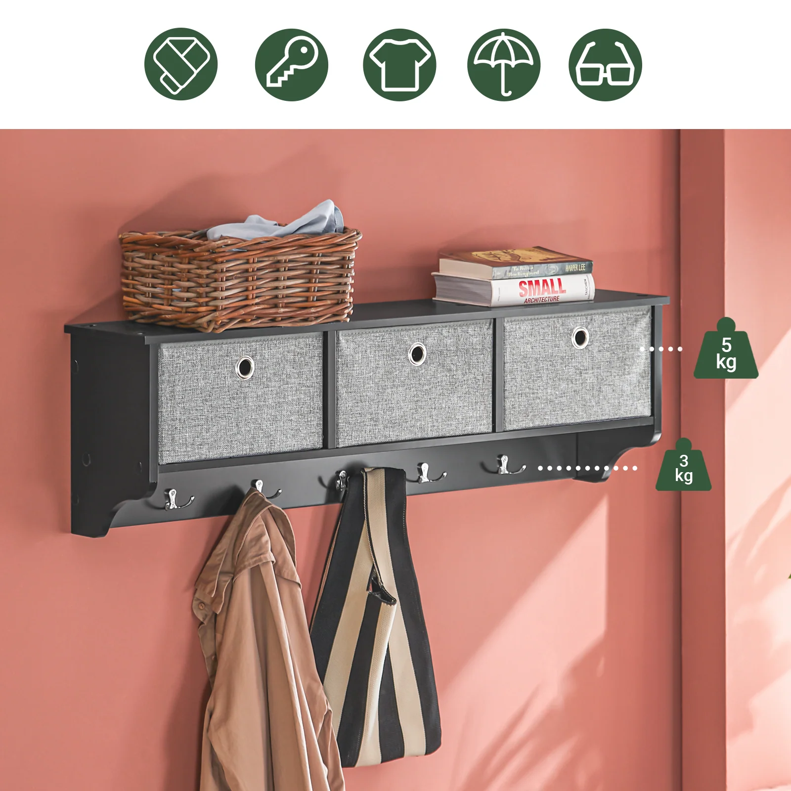 SoBuy FRG282-SCH Wandkapstok met 5 Haken en 3 Mandjes – Houten Wandkapstok, Meubel voor Hal met Plank – Hangende Kledingopslag voor Slaapkamer, Woonkamer, Badkamer – Zwart 100x20x30cm - Image 3