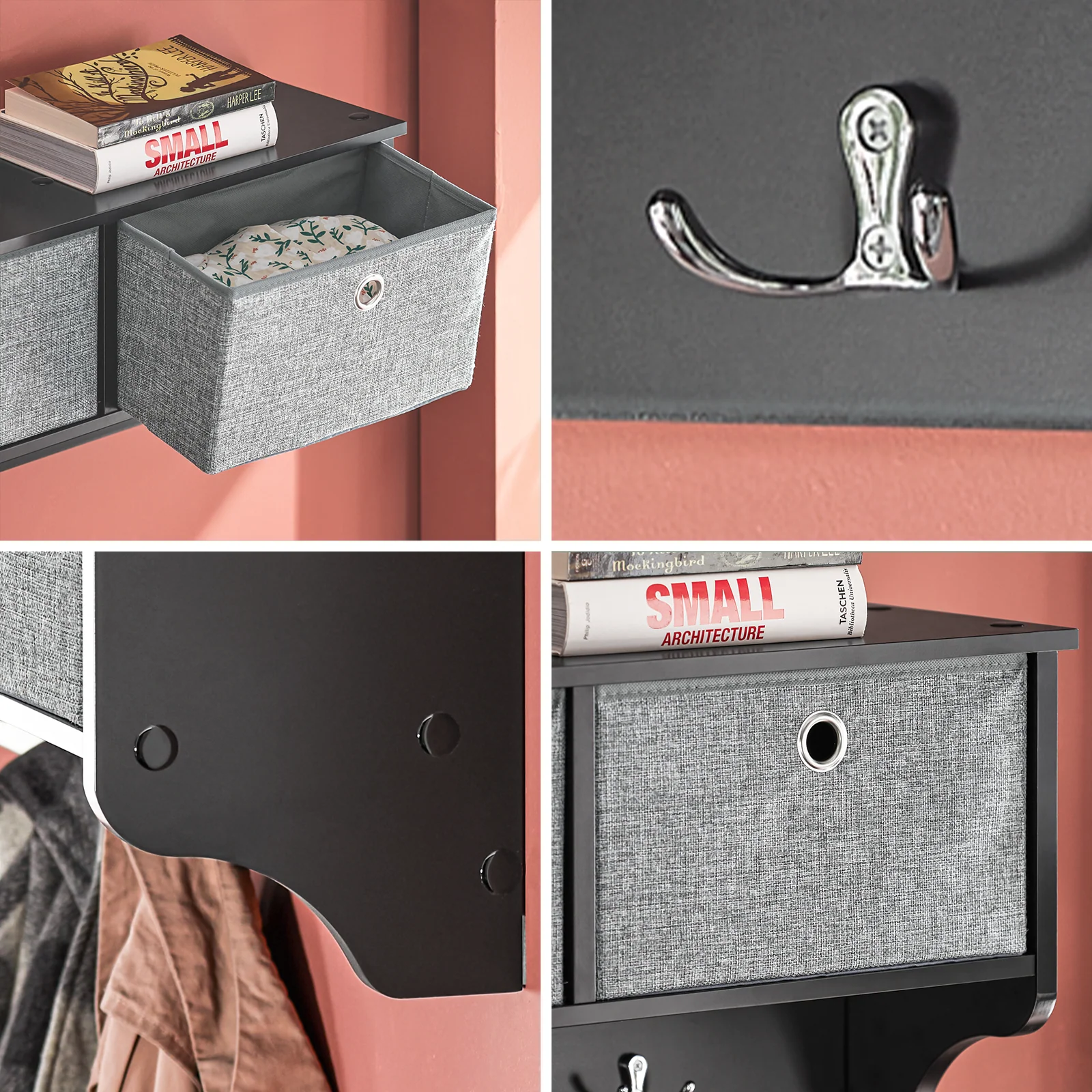 SoBuy FRG282-SCH Wandkapstok met 5 Haken en 3 Mandjes – Houten Wandkapstok, Meubel voor Hal met Plank – Hangende Kledingopslag voor Slaapkamer, Woonkamer, Badkamer – Zwart 100x20x30cm - Image 6