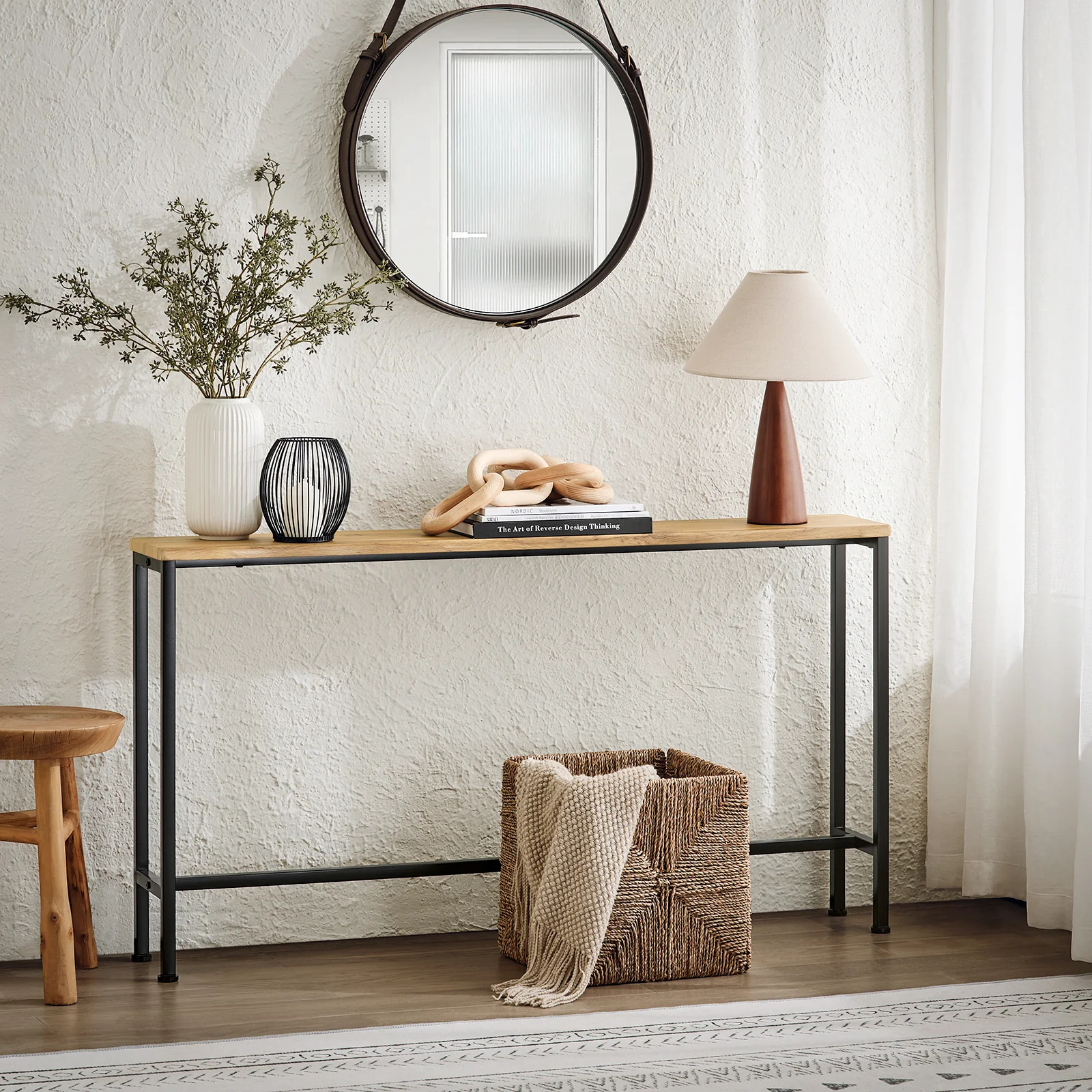 Pre-order SoBuy FSB19-E Console Tafel – Ultra Dun, Robuuste Metalen Structuur – Ideaal voor Woonkamer, Slaapkamer, Hal – 120x20x65cm, Natuur en Zwart - Image 4