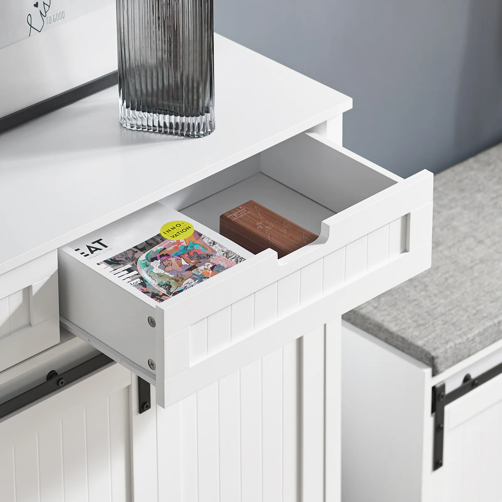 SoBuy FSB74-W Schoenenkast Schoenencommode Inkomkast Keukenkast Dressoir Schoenenrek met 2 Lades, 2 Schuifdeuren en 7 Planken, Opbergkast - Image 6