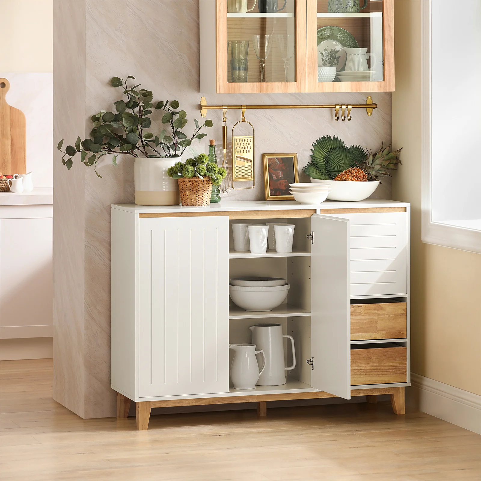 Pre-order SoBuy FSB75-WN Dressoir, Buffetkast, Keukenkast, Ladekast, Consolekast, Hoekkast, Multifunctionele Kast met 3 Deuren en 2 Lades - Image 3