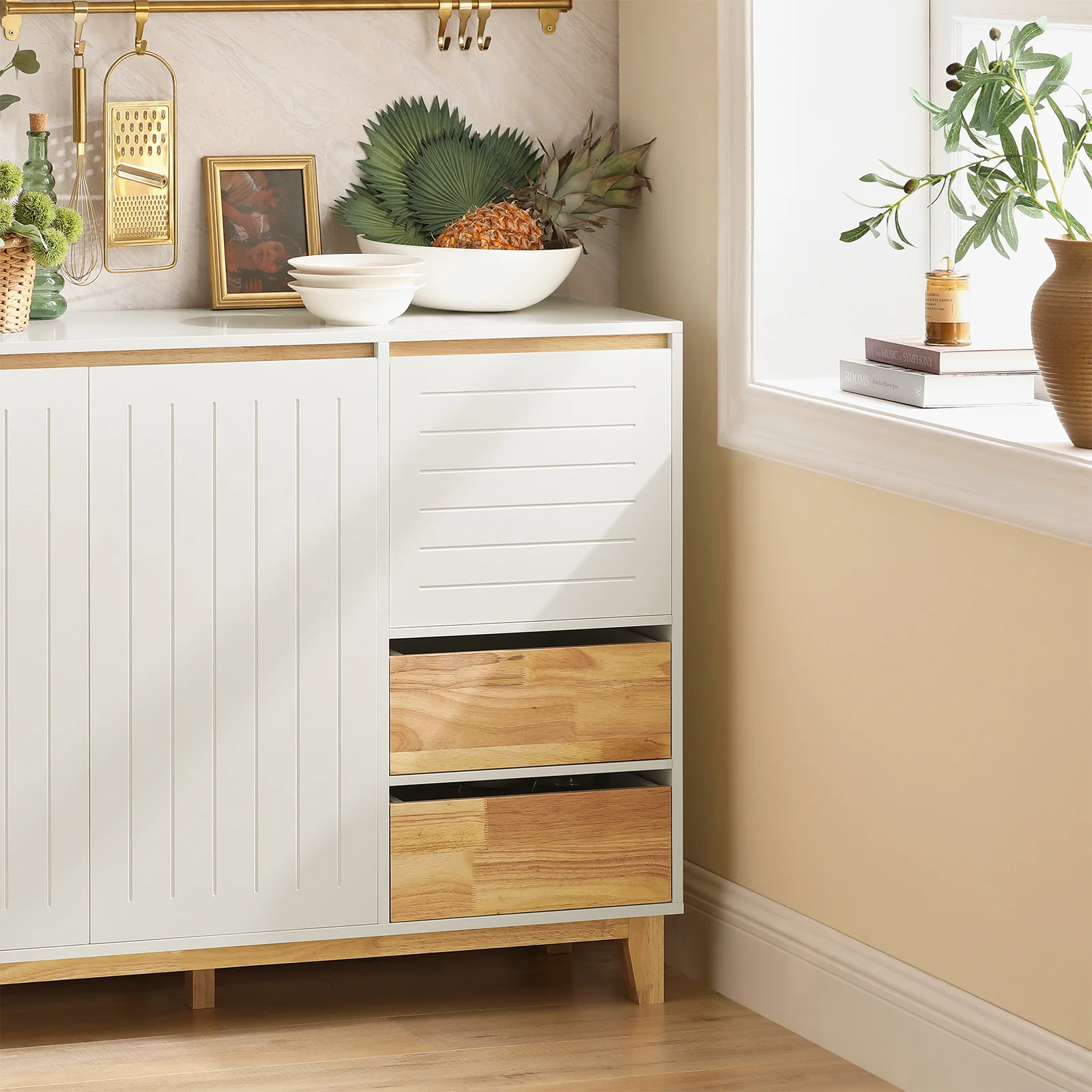 Pre-order SoBuy FSB75-WN Dressoir, Buffetkast, Keukenkast, Ladekast, Consolekast, Hoekkast, Multifunctionele Kast met 3 Deuren en 2 Lades - Image 7