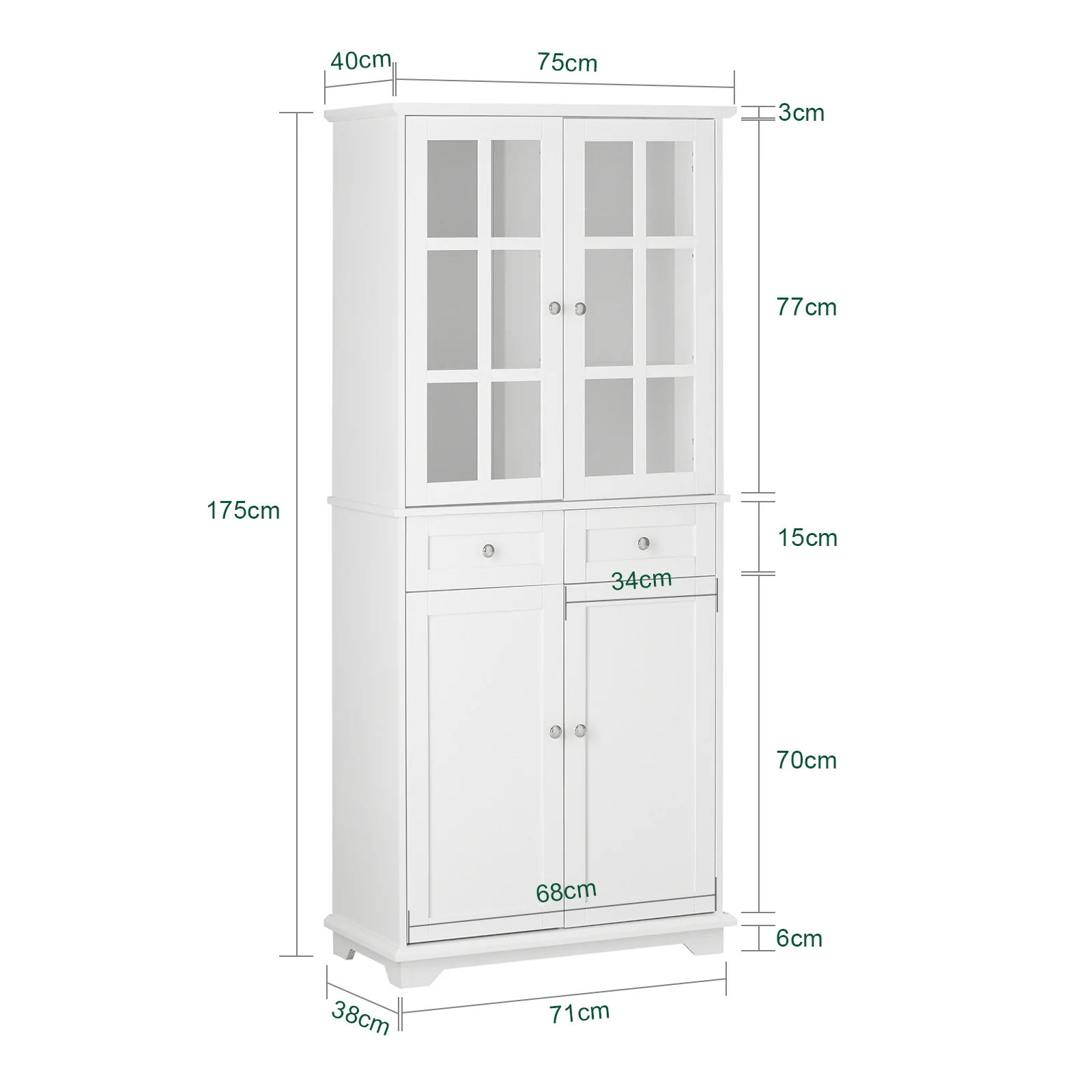 SoBuy FSB76-W Dressoir, Buffet, Keukenkast, Keukenmeubel, Commode, Consolemeubel, Opbergkast met Meerdere Opbergruimtes, voor Keuken, Eetkamer, Woonkamer met 4 Deuren en 2 Lades, 75x40x175 cm, Wit - Image 5