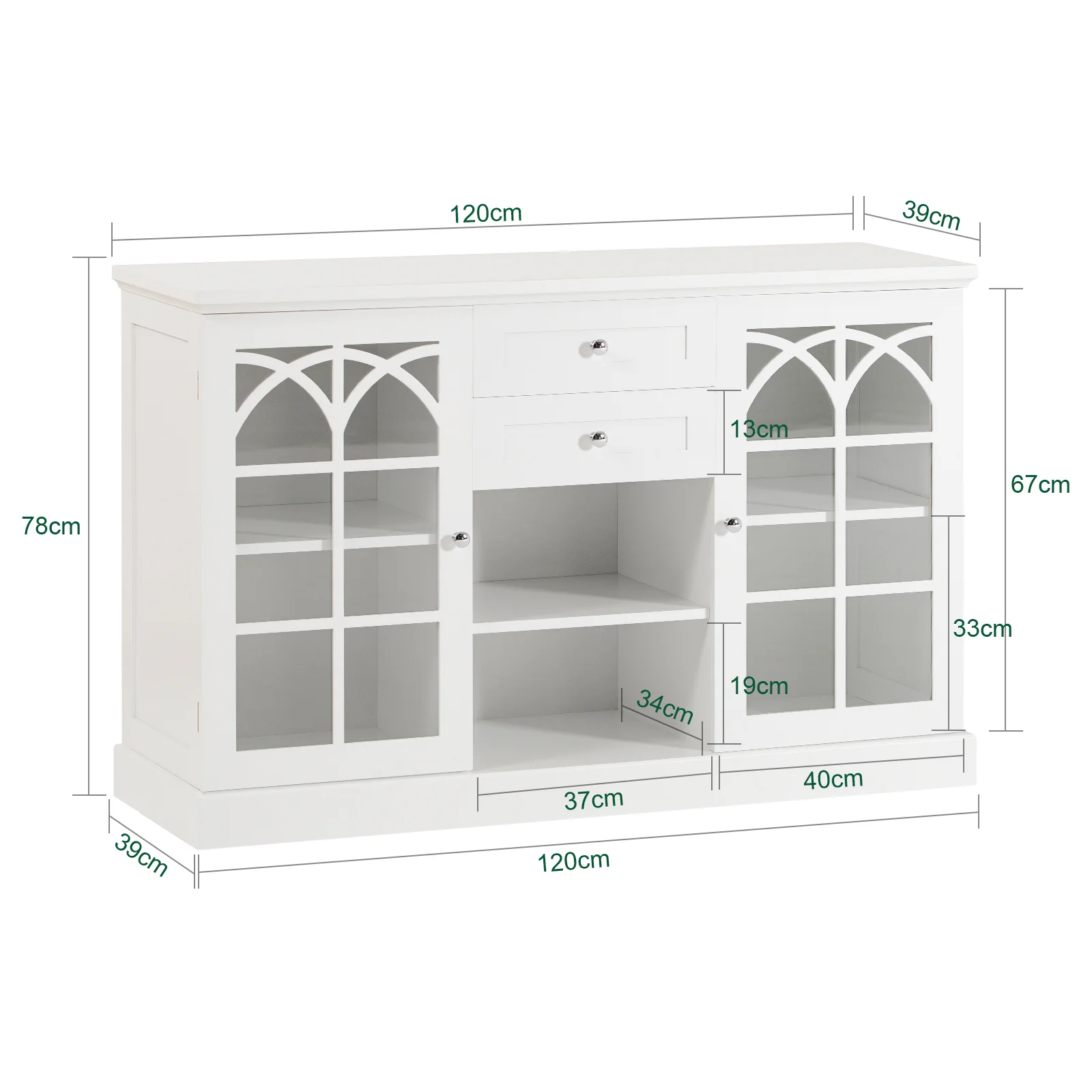 SoBuy FSB79-W Dressoir Ladekast Keukenkast met 2 Glazen Deuren, 2 Lades en 2 Planken, Opbergkast - Image 4