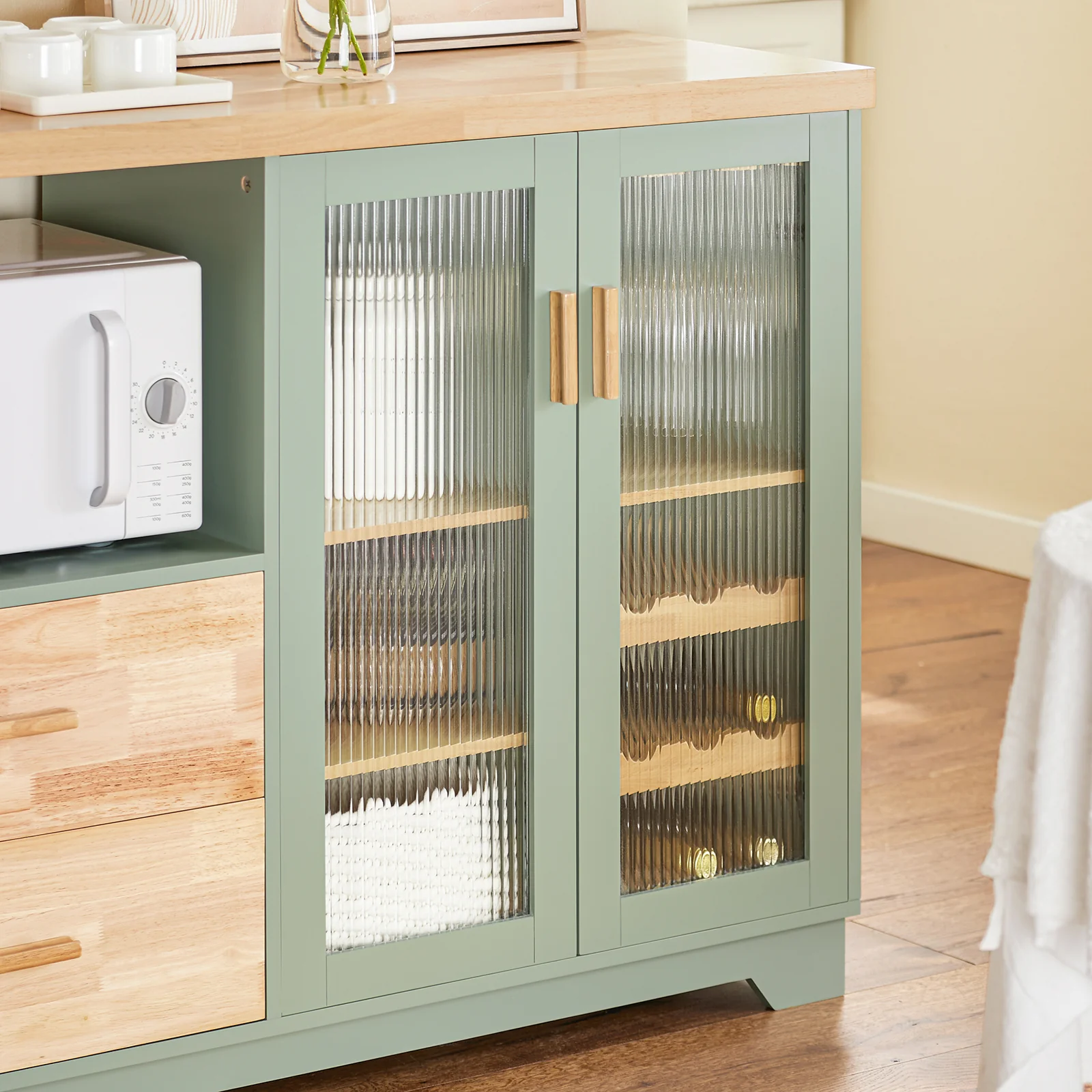 Pre-order SoBuy FSB81-GR Buffetkast met Magnetronruimte en Flessenhouder - Opbergmeubel voor Keuken, Woonkamer of Hal - 120x90x40cm - Groene Kleur - Image 16
