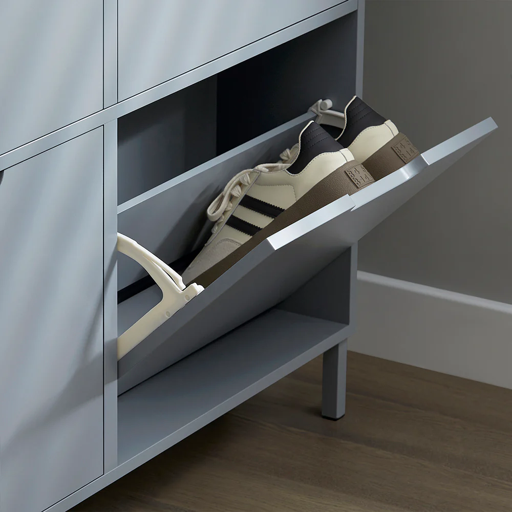 SoBuy FSR100-HG Schoenenkast met 4 Kleppen – Smalle Schoenenkast voor Hal of Gang – Compact Schoenenmeubel 100x19x91cm – Grijs - Image 11