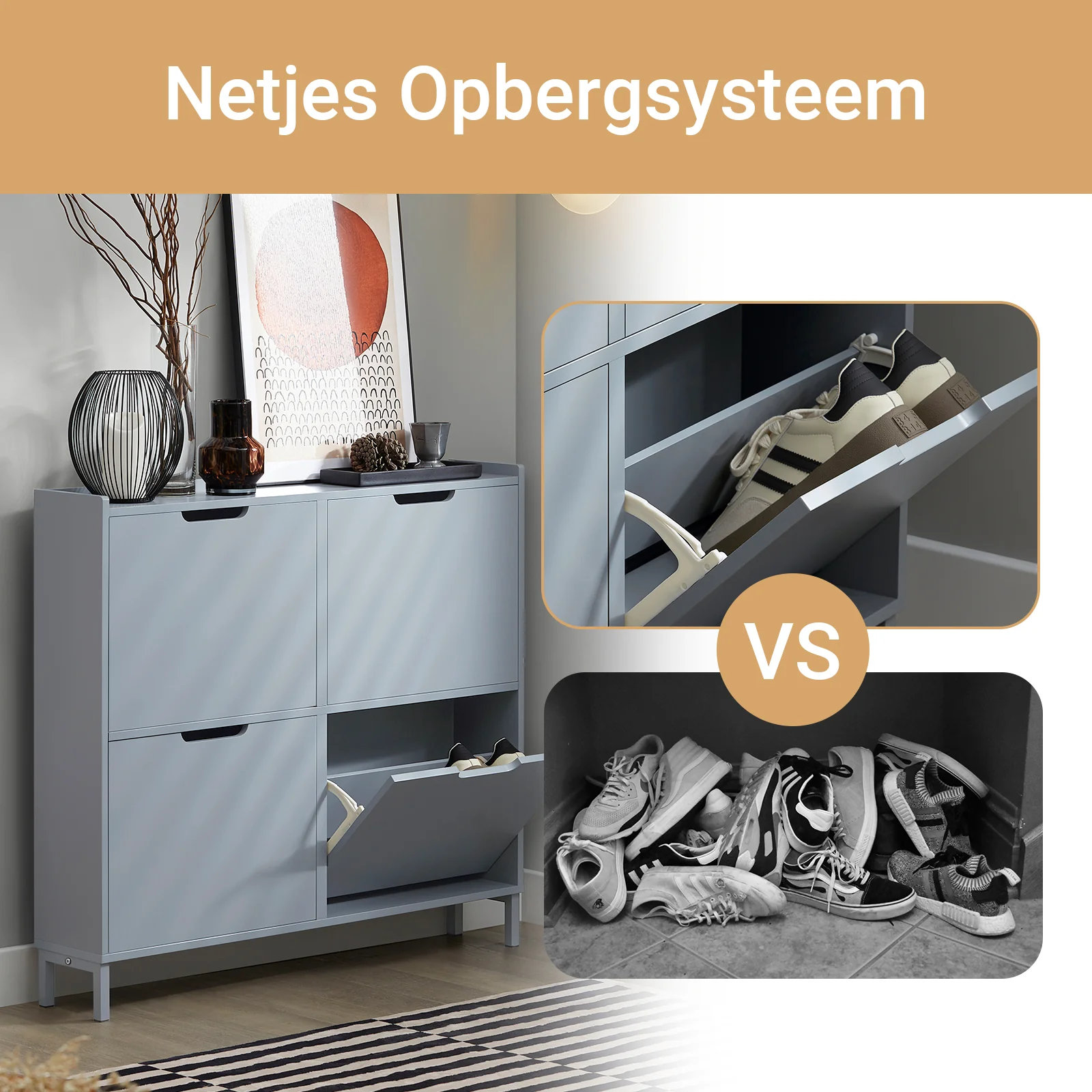 SoBuy FSR100-HG Schoenenkast met 4 Kleppen – Smalle Schoenenkast voor Hal of Gang – Compact Schoenenmeubel 100x19x91cm – Grijs - Image 3