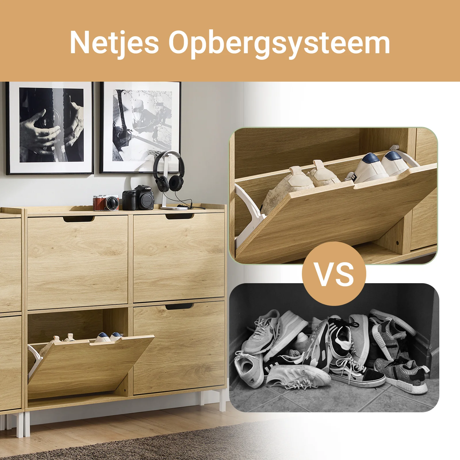 SoBuy FSR100-N Schoenenkast met 4 Kleppen – Smalle Schoenenkast voor Hal of Gang – Compact Schoenenmeubel 100x19x91cm – Hout kleur - Image 3