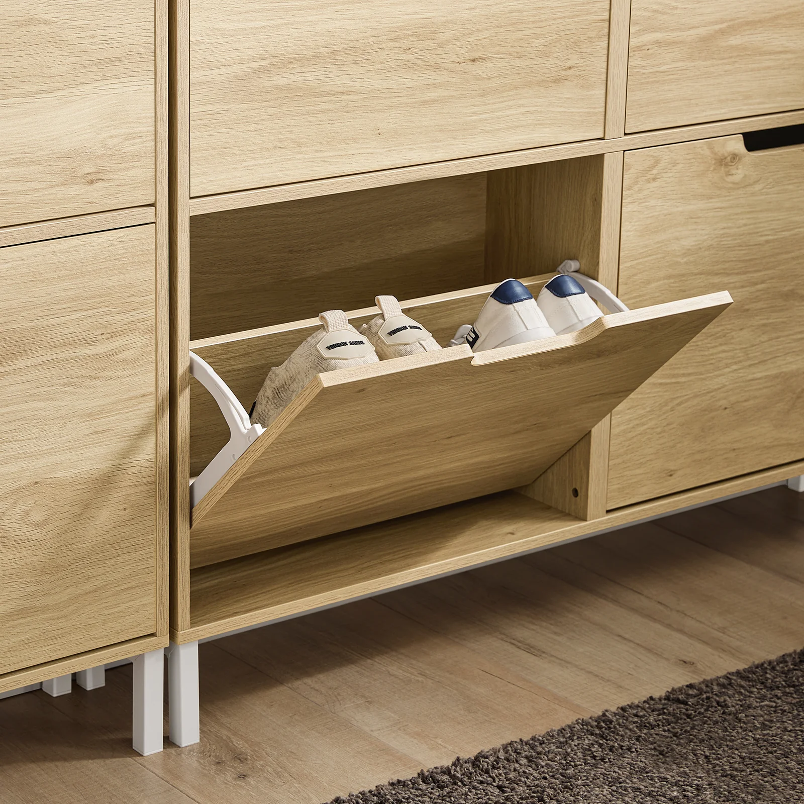 SoBuy FSR100-N Schoenenkast met 4 Kleppen – Smalle Schoenenkast voor Hal of Gang – Compact Schoenenmeubel 100x19x91cm – Hout kleur - Image 8