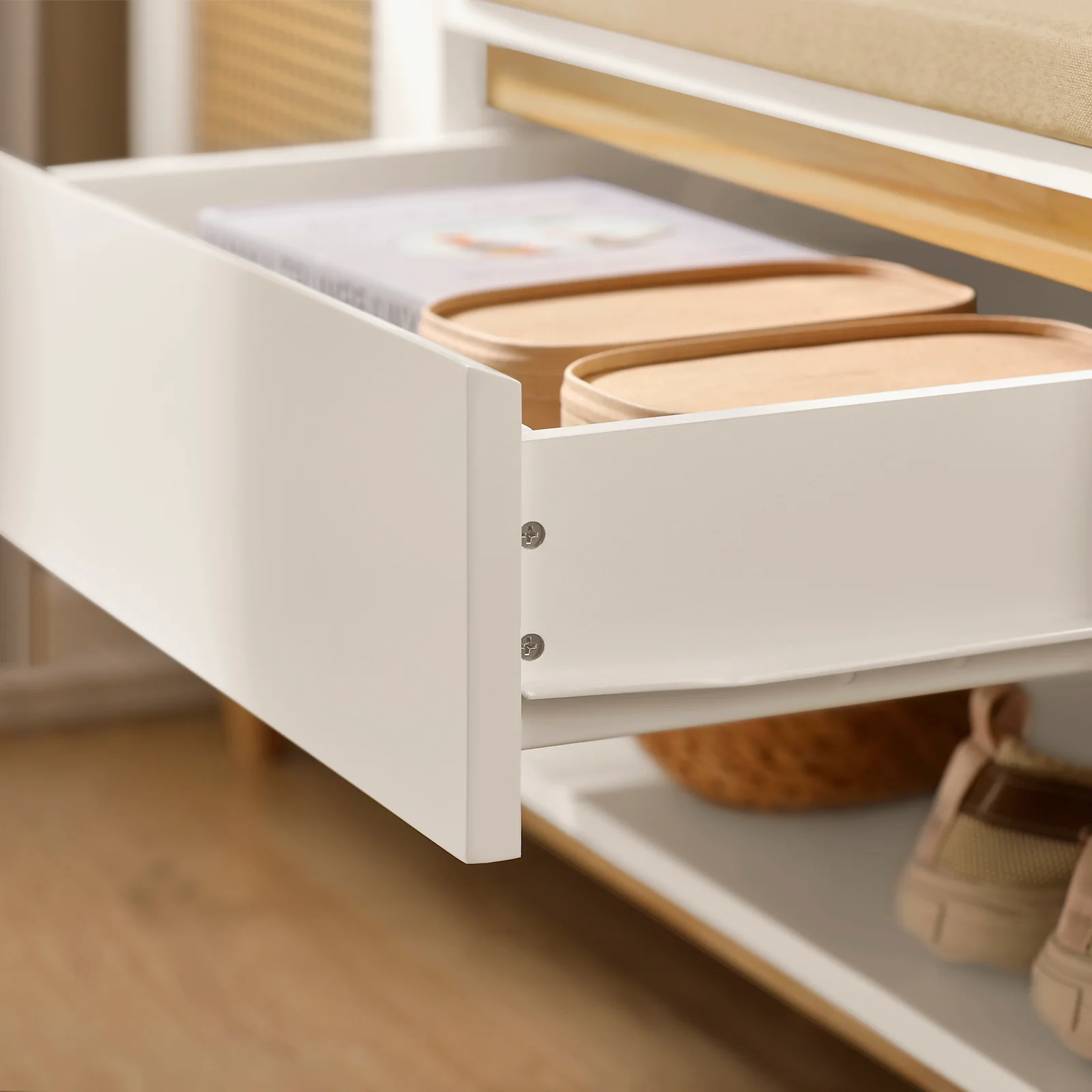 SoBuy FSR128-W Schoenenbank met Lade en Roosterdeur, Comfortabel Kussen voor Entree Meubel of Bank, Schoenenopslag in Natuurlijk Wit 100x35x60cm - Image 10