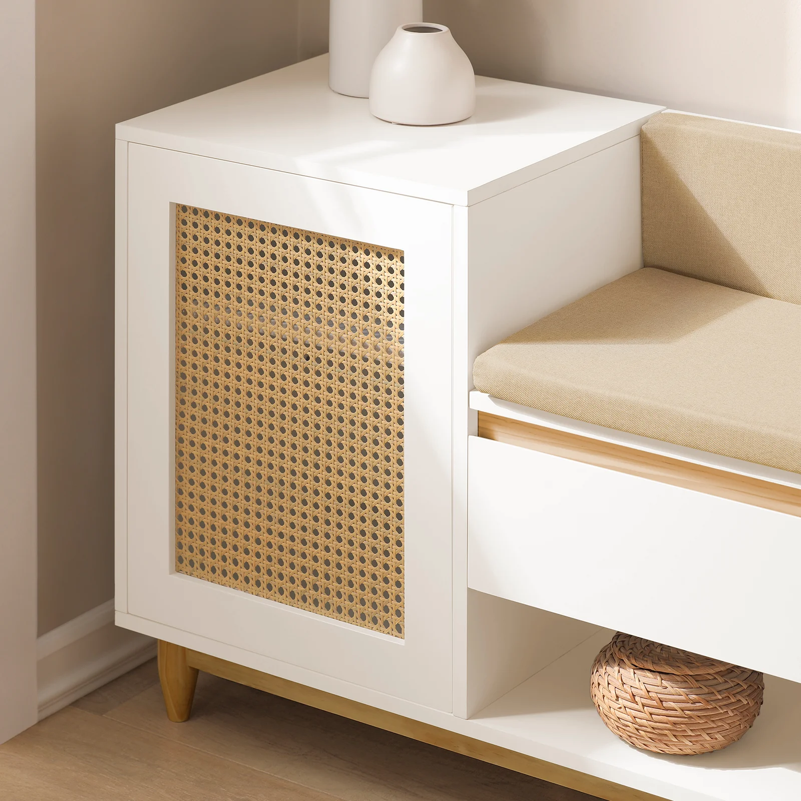 SoBuy FSR128-W Schoenenbank met Lade en Roosterdeur, Comfortabel Kussen voor Entree Meubel of Bank, Schoenenopslag in Natuurlijk Wit 100x35x60cm - Image 7