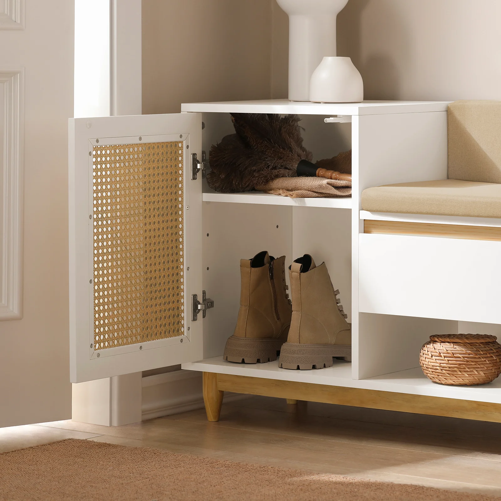 SoBuy FSR128-W Schoenenbank met Lade en Roosterdeur, Comfortabel Kussen voor Entree Meubel of Bank, Schoenenopslag in Natuurlijk Wit 100x35x60cm - Image 8