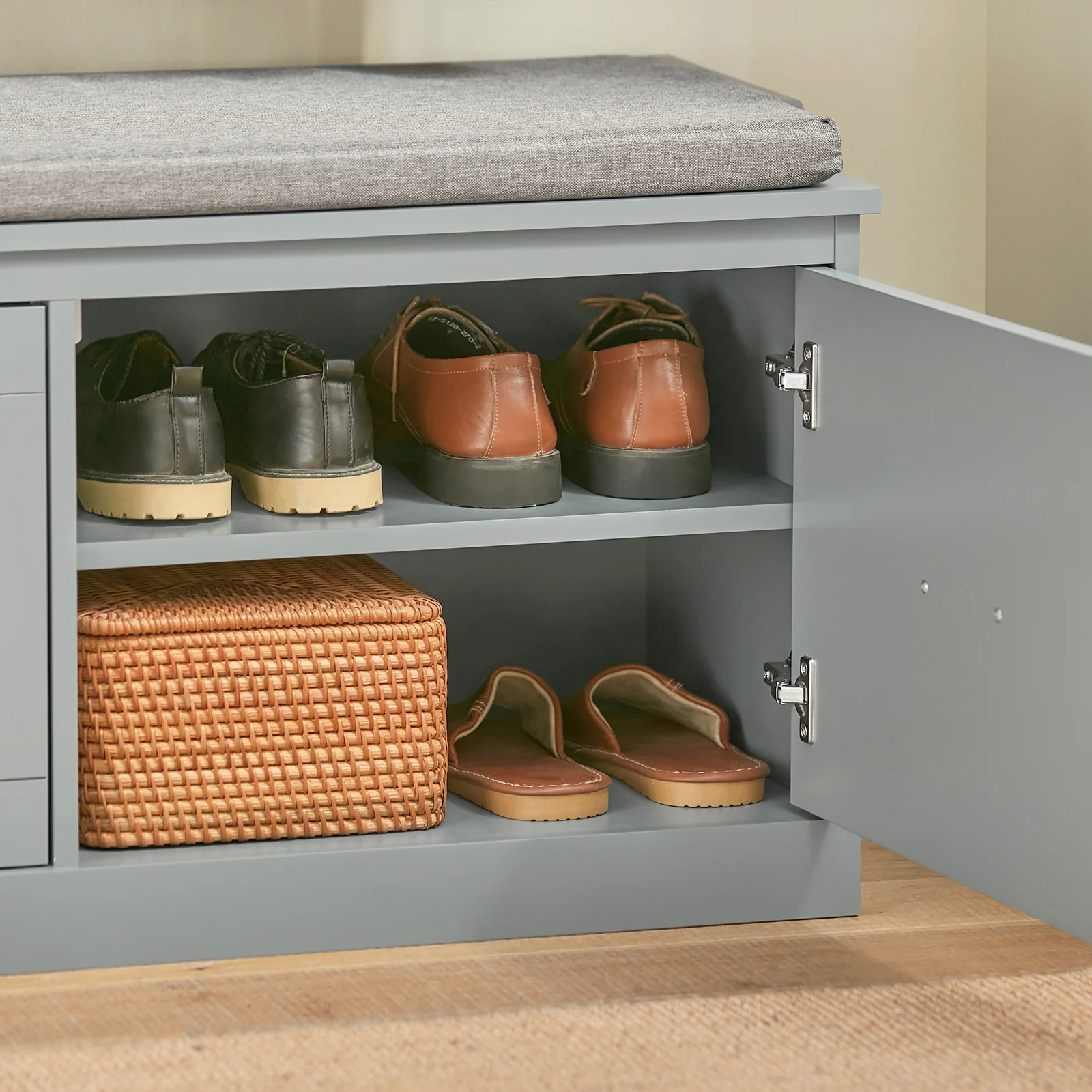 SoBuy FSR131-HG Schoenenbank voor Hal, Opbergbank met Kussen en 2 Deuren, Schoenenopberger voor Hal, Slaapkamer, Grijs, 90x34x46 cm - Image 11