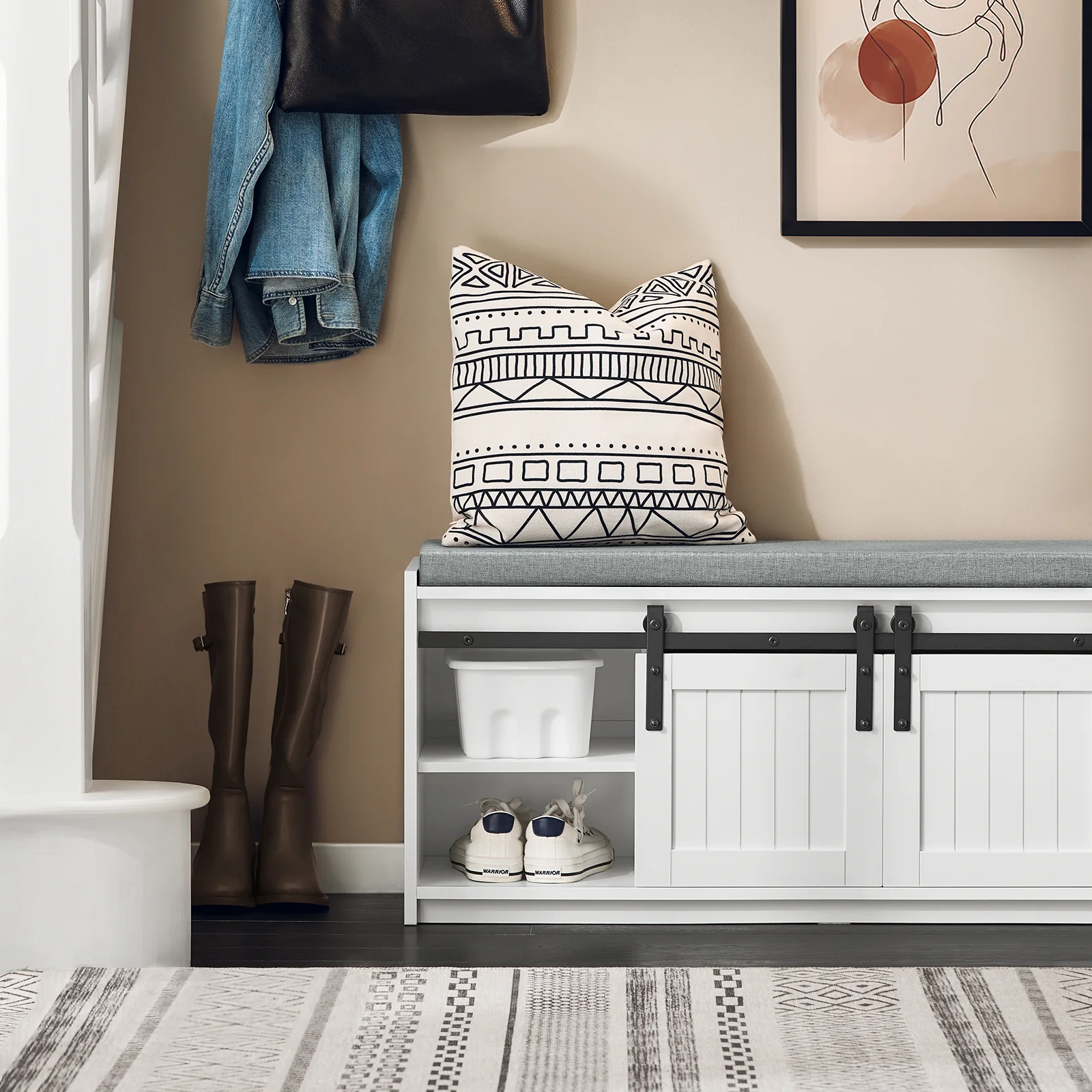 SoBuy FSR133-K-W Schoenenkast met 2 Deuren – Schoenenbank met Zitting, Opbergkast met Schuifdeur in Barn-Stijl – 90x35x46 cm - Image 11