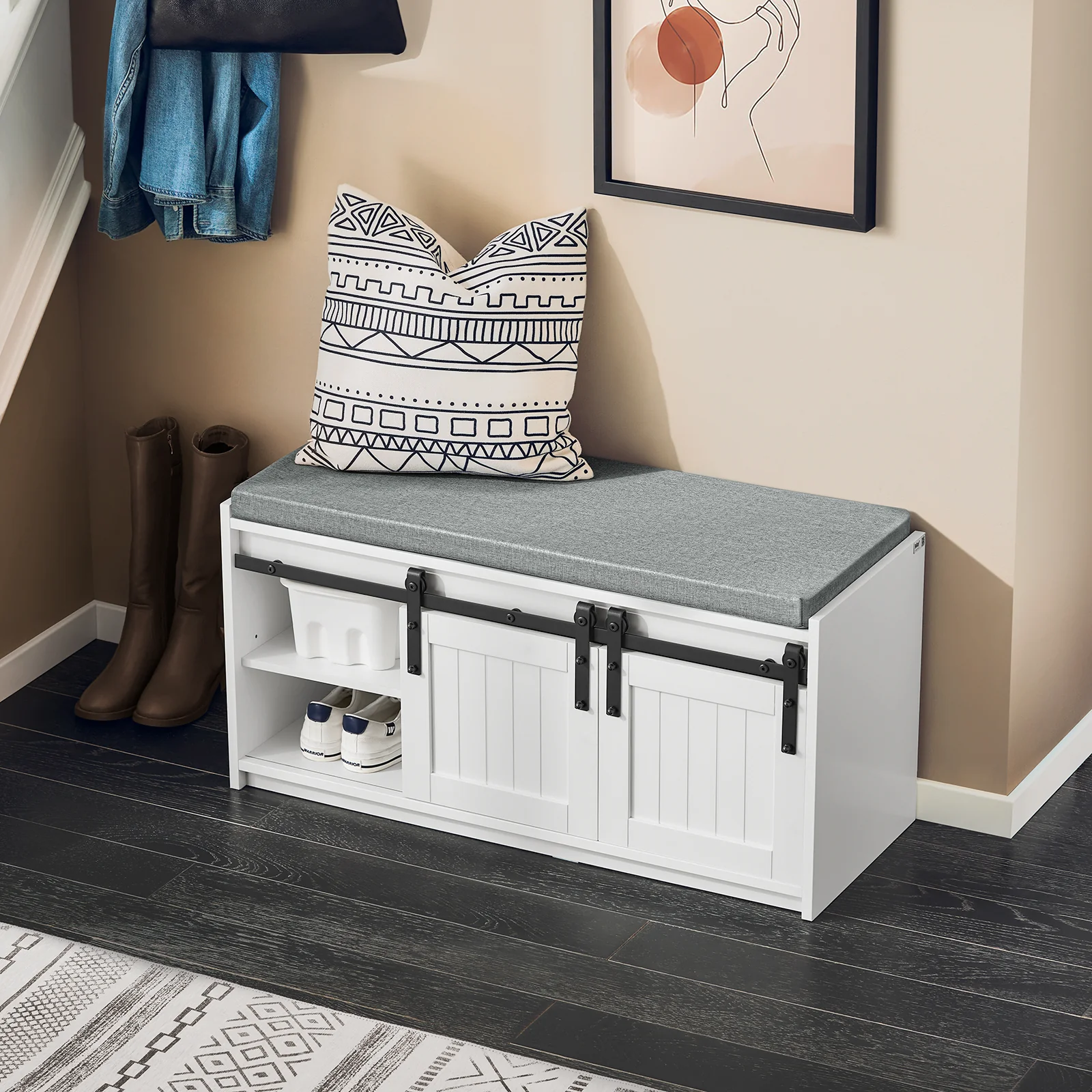 SoBuy FSR133-K-W Schoenenkast met 2 Deuren – Schoenenbank met Zitting, Opbergkast met Schuifdeur in Barn-Stijl – 90x35x46 cm - Image 4