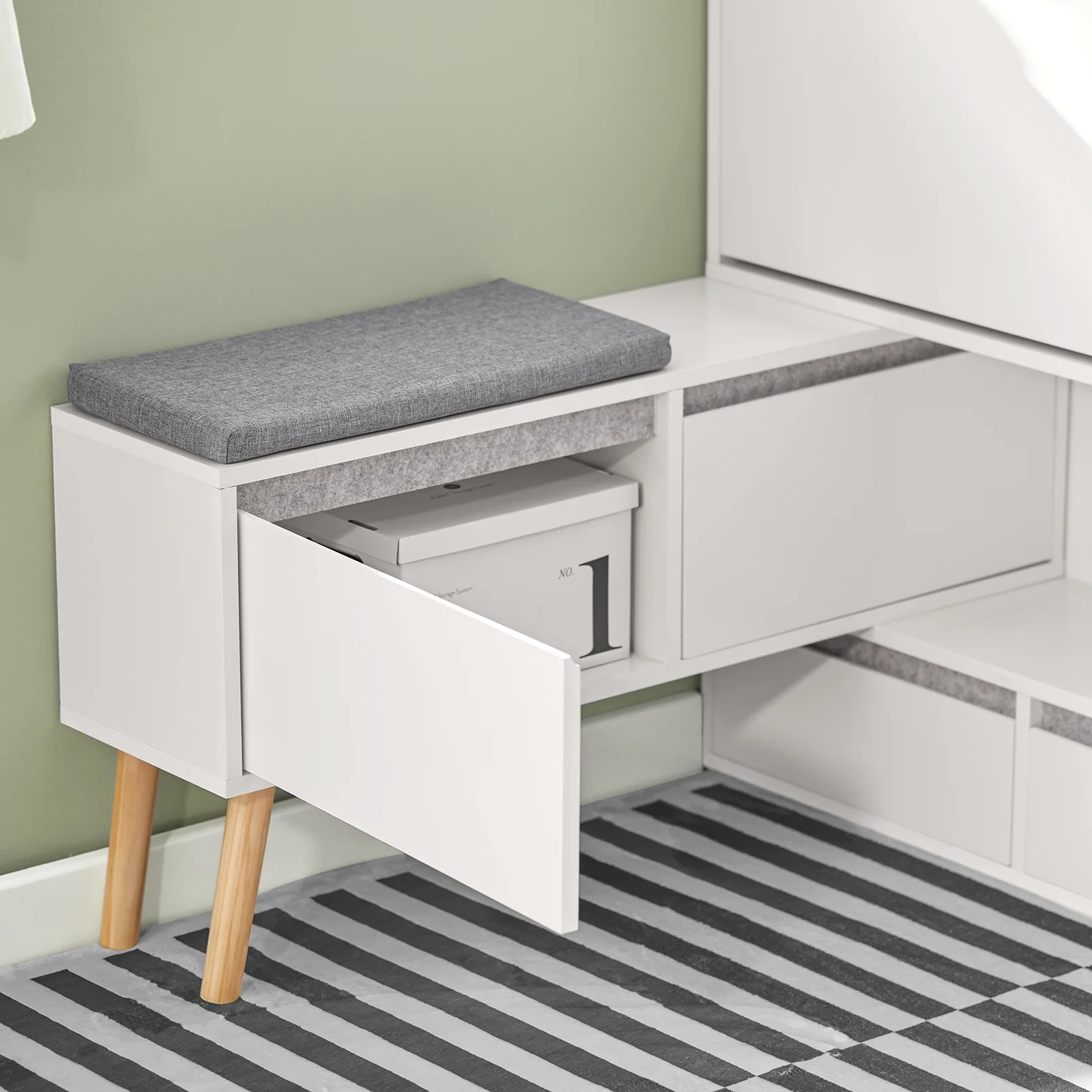 SoBuy FSR134-W Schoenenkast met Zitbank – Uitschuifbaar & Draaibaar | Entree Meubel met 2 Kleppen, 2 Deuren & 2 Lades | Wit | 124–92 x 24 x 126 cm - Image 6
