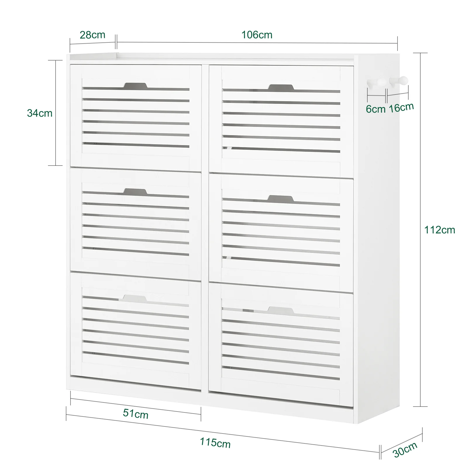 SoBuy FSR145-W Schoenenkast met 6 Klepdeuren – Grote Opbergkast met 2 Haken, Ruimtebesparende Schoenenopberger voor Hal & Gang – 115×30×112 cm - Image 4