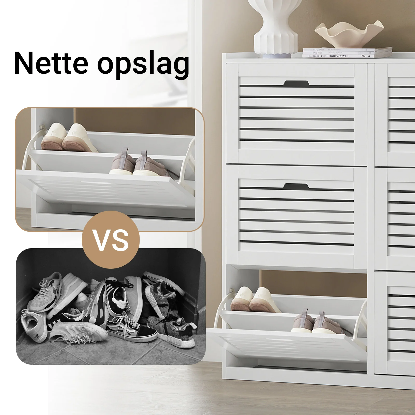 SoBuy FSR145-W Schoenenkast met 6 Klepdeuren – Grote Opbergkast met 2 Haken, Ruimtebesparende Schoenenopberger voor Hal & Gang – 115×30×112 cm - Image 5