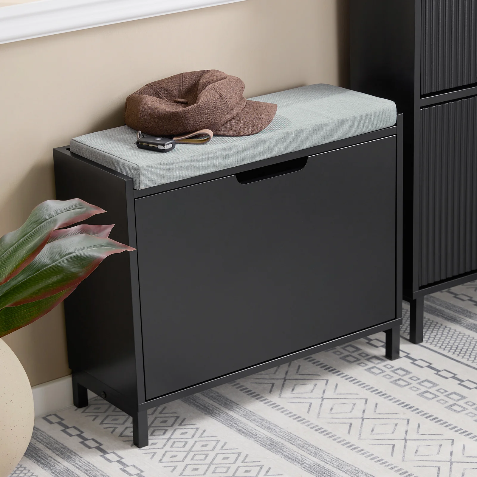 SoBuy FSR151-K-SCH Schoenenbank met Zitkussen & Opklapbaar Opbergvak – Smalle Schoenenkast voor Hal – 60×24×52 cm – Zwart - Image 11