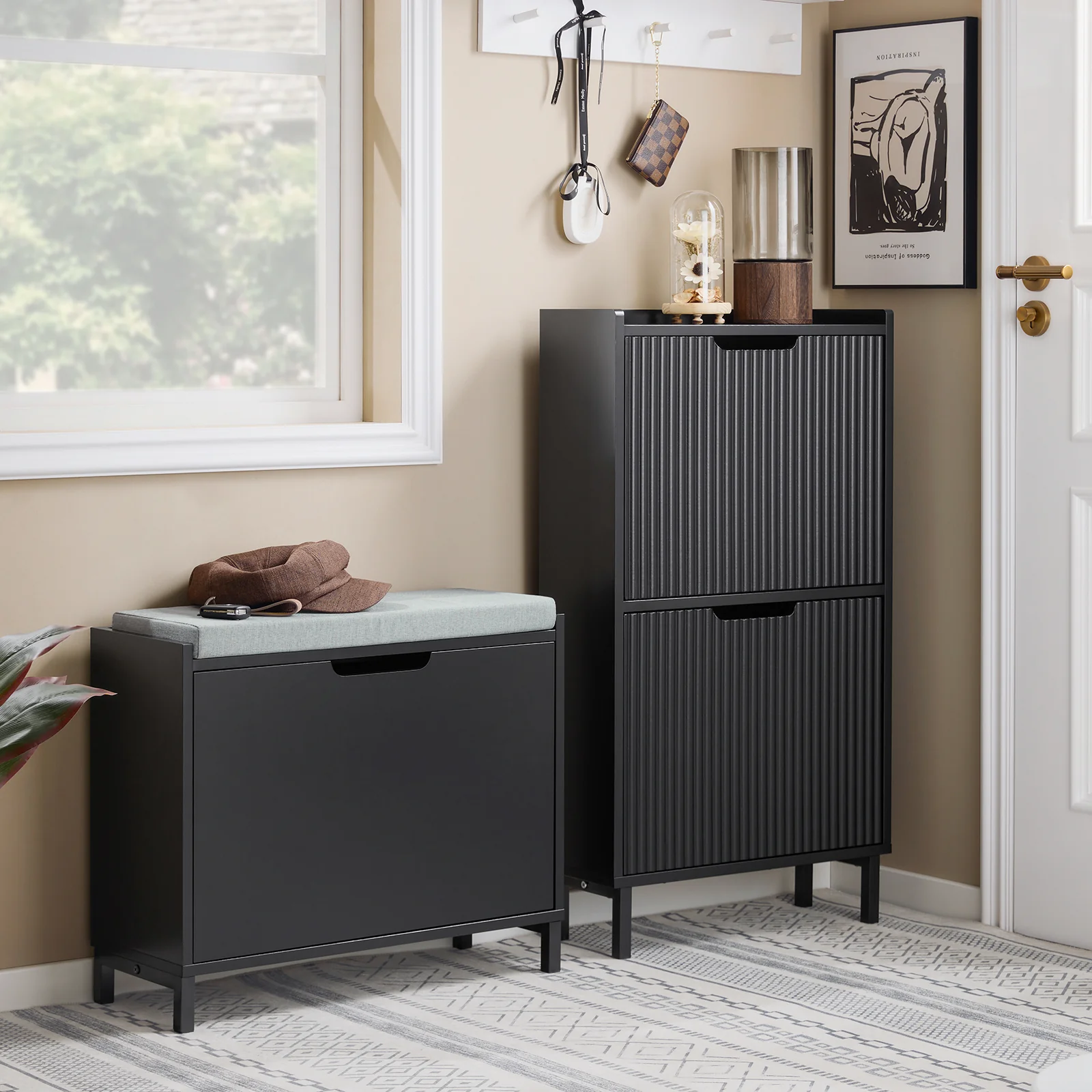 SoBuy FSR151-K-SCH Schoenenbank met Zitkussen & Opklapbaar Opbergvak – Smalle Schoenenkast voor Hal – 60×24×52 cm – Zwart - Image 4