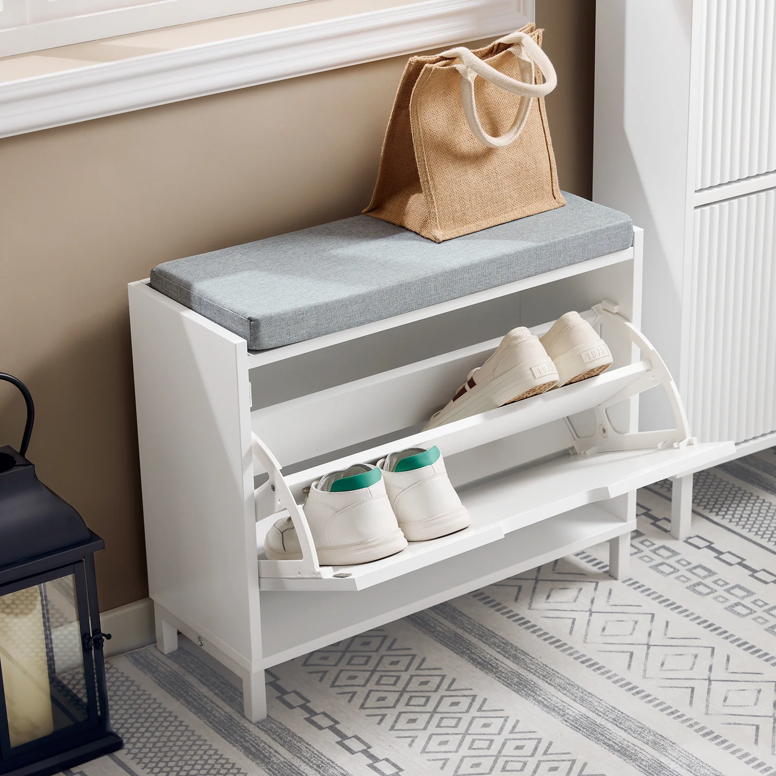 SoBuy FSR151-K-W Schoenenbank met Zitkussen & Opklapbaar Opbergvak – Smalle Schoenenkast voor Hal – 60×24×52 cm – Wit - Image 3