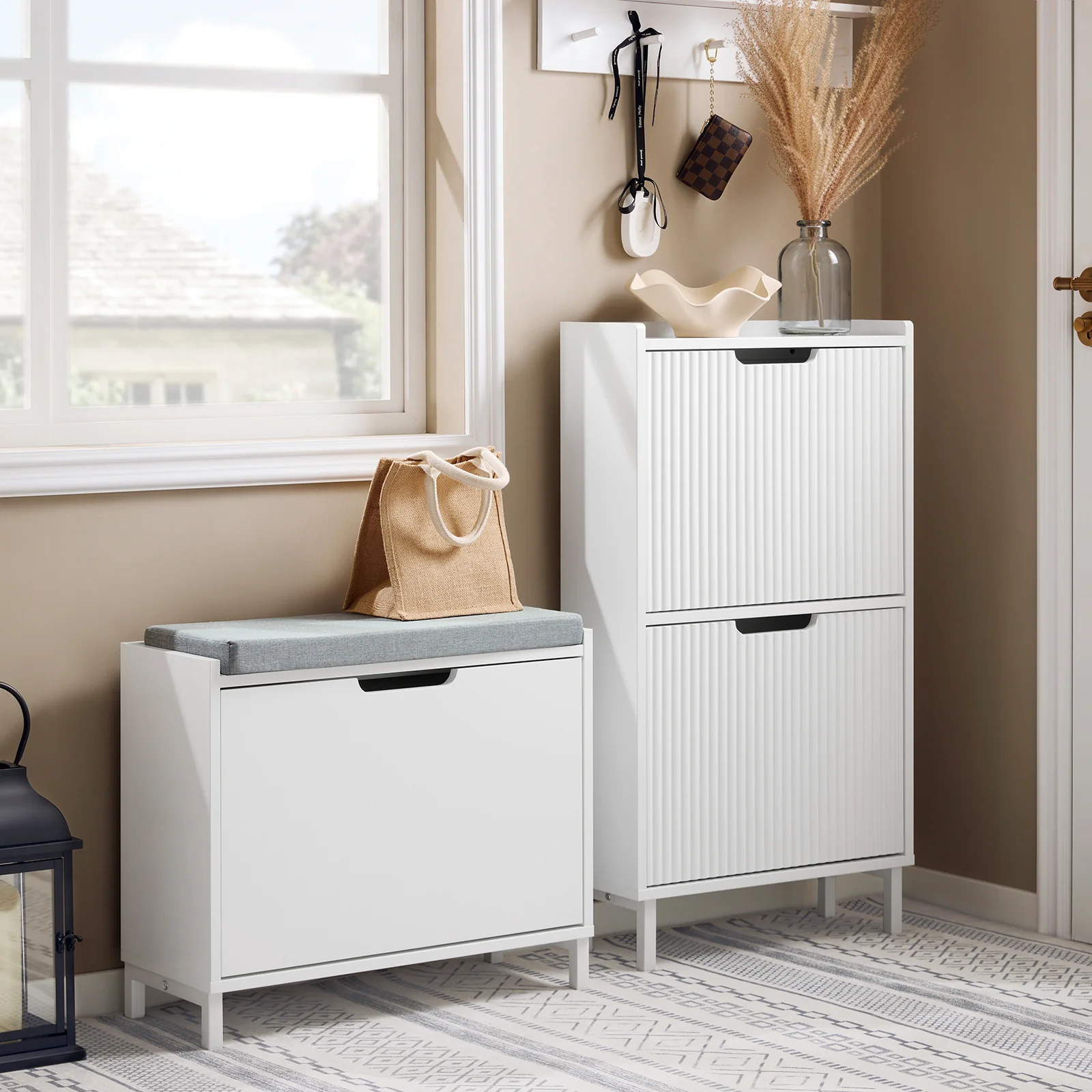 SoBuy FSR151-K-W Schoenenbank met Zitkussen & Opklapbaar Opbergvak – Smalle Schoenenkast voor Hal – 60×24×52 cm – Wit - Image 4