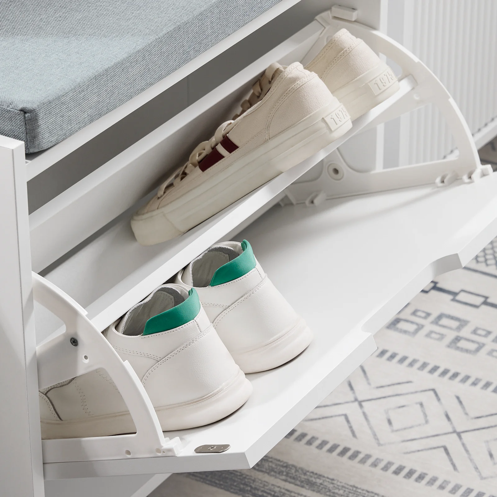 SoBuy FSR151-K-W Schoenenbank met Zitkussen & Opklapbaar Opbergvak – Smalle Schoenenkast voor Hal – 60×24×52 cm – Wit - Image 8