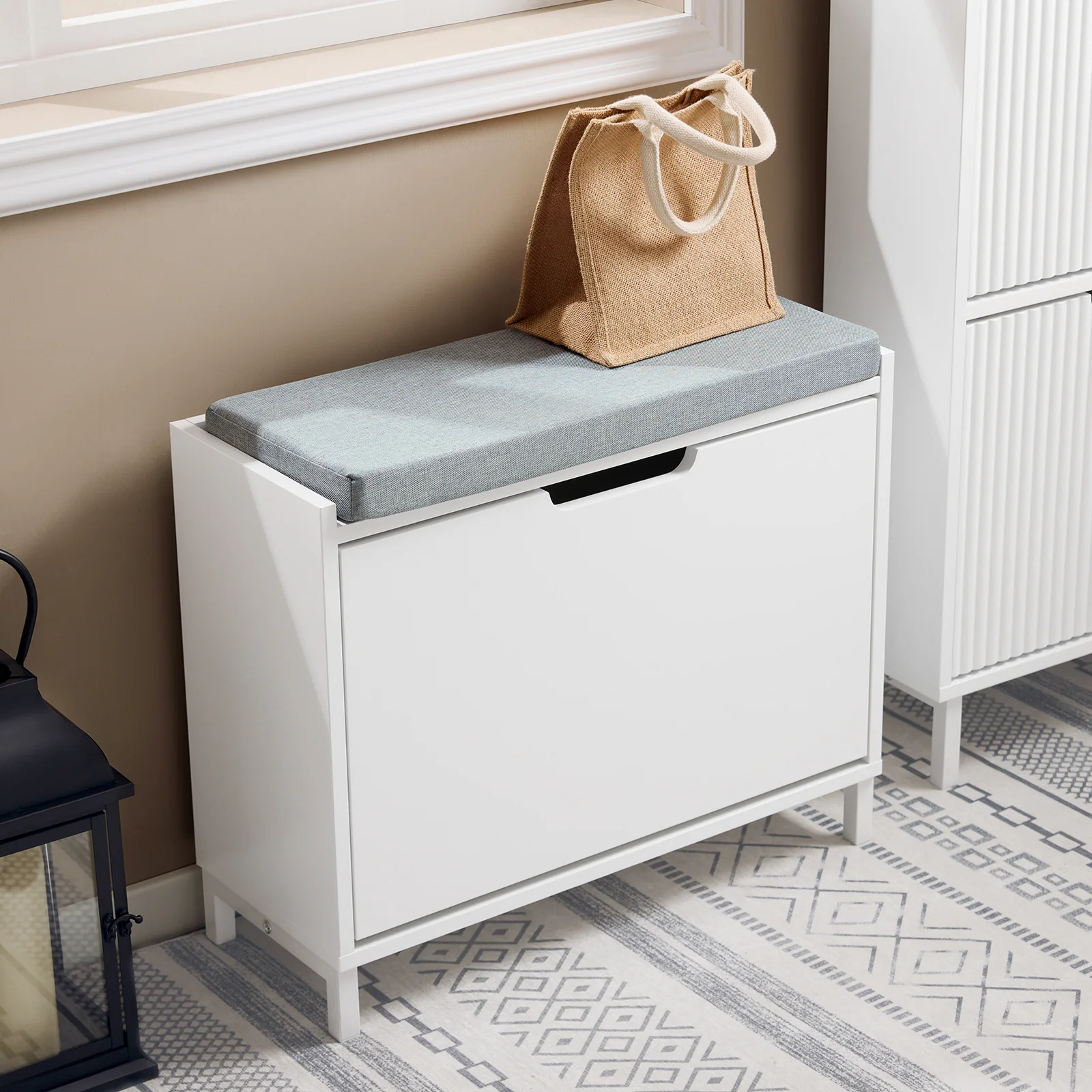 SoBuy FSR151-K-W Schoenenbank met Zitkussen & Opklapbaar Opbergvak – Smalle Schoenenkast voor Hal – 60×24×52 cm – Wit - Image 9