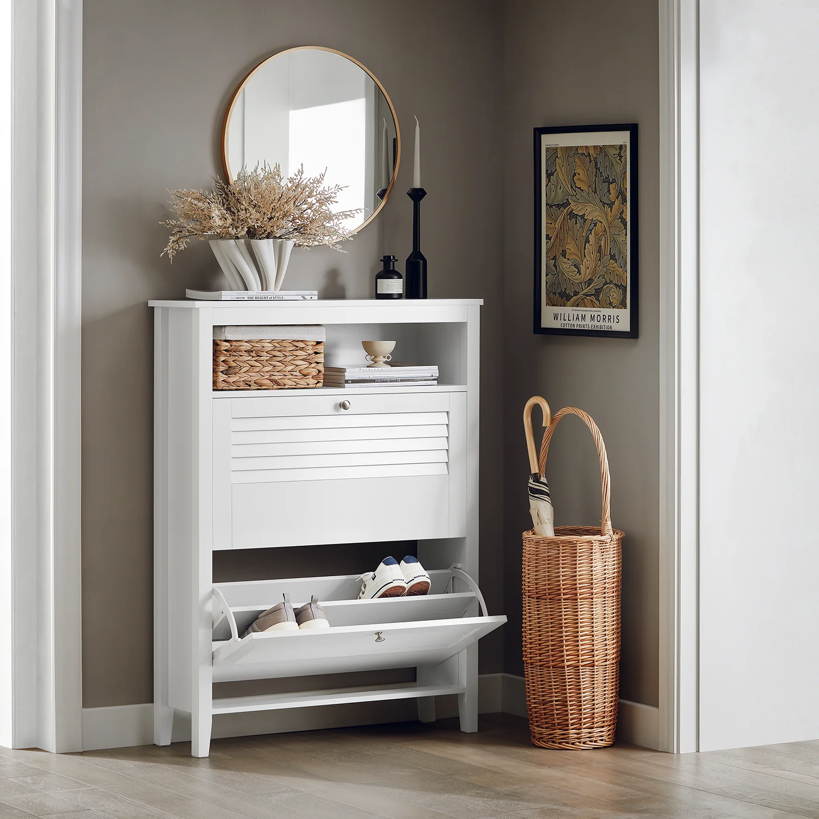 SoBuy FSR152-W Schoenenkast met 2 Kleppen – Smalle Schoenenopberger voor Hal of Slaapkamer – 80 x 25 x 108 cm – Ruimtebesparend & Stijlvol - Image 4