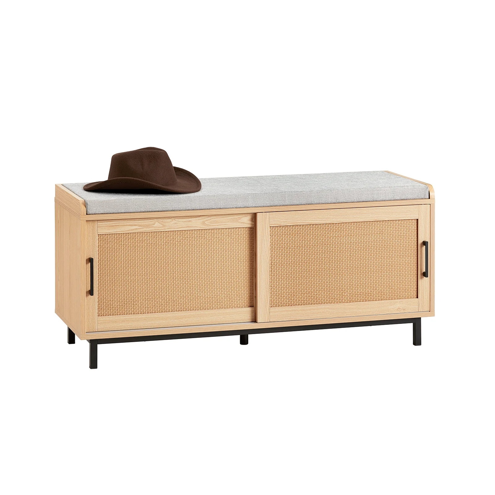 SoBuy FSR154-N Opbergbank met Kussens, Schoenenbank voor de Hal, Met 2 Schuifdeuren en Rieten Geweven Fronten, 110 x 40 x 49 cm
