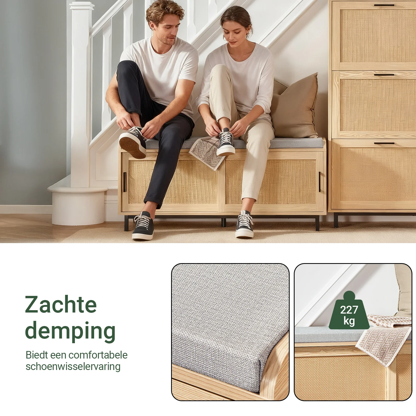 SoBuy FSR154-N Opbergbank met Kussens, Schoenenbank voor de Hal, Met 2 Schuifdeuren en Rieten Geweven Fronten, 110 x 40 x 49 cm - Image 6
