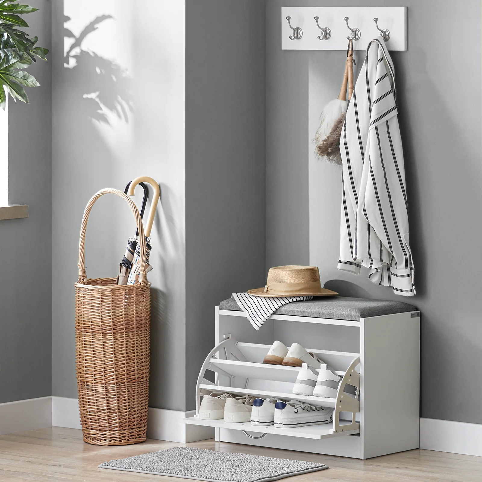 SoBuy FSR16-HG Schoenenbank Hal Meubel Schoenenkast – Compact met Klep, Comfortabel Kussen en Geïntegreerde Opbergruimte – voor Gang of Dressing, 60x30x46cm, Wit+Grijs - Image 3