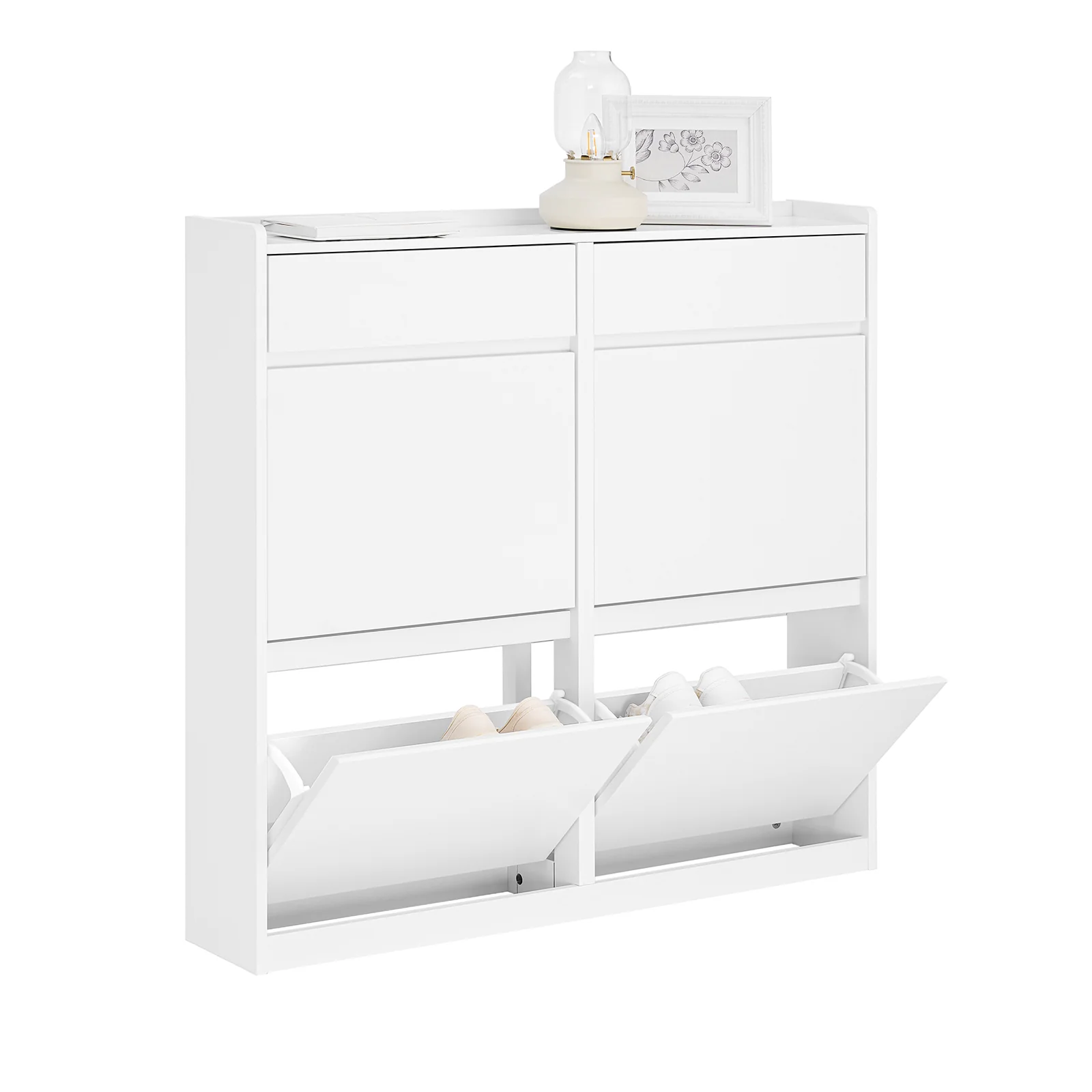 Pre-order SoBuy FSR169-W Schoenenkast met 4 Vouwdeuren en 2 Lade’s – Compact, Ruimtebesparend, Wit, 98x19x95cm