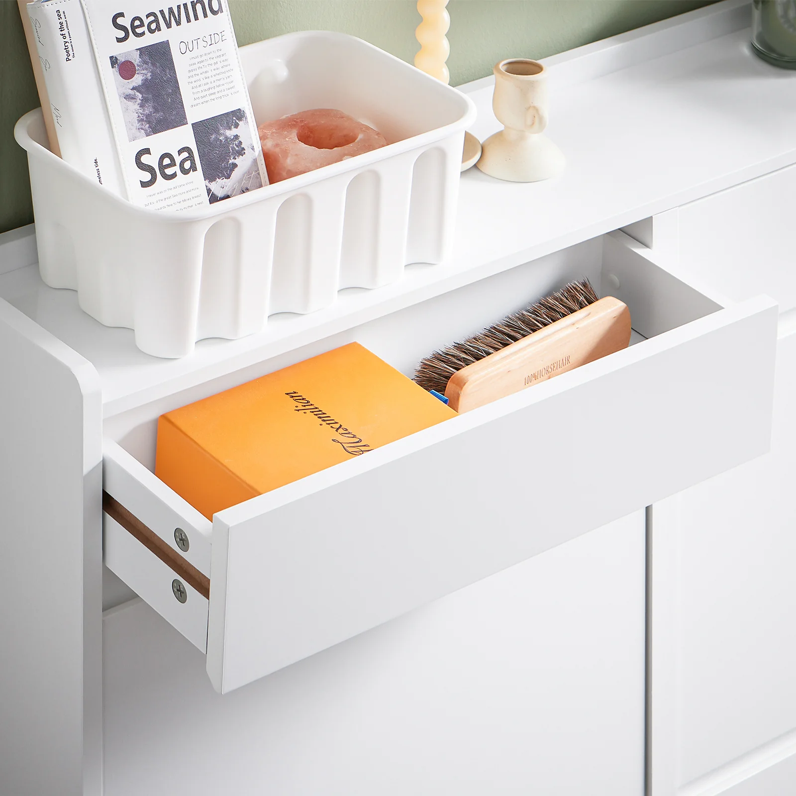 Pre-order SoBuy FSR169-W Schoenenkast met 4 Vouwdeuren en 2 Lade’s – Compact, Ruimtebesparend, Wit, 98x19x95cm - Image 10