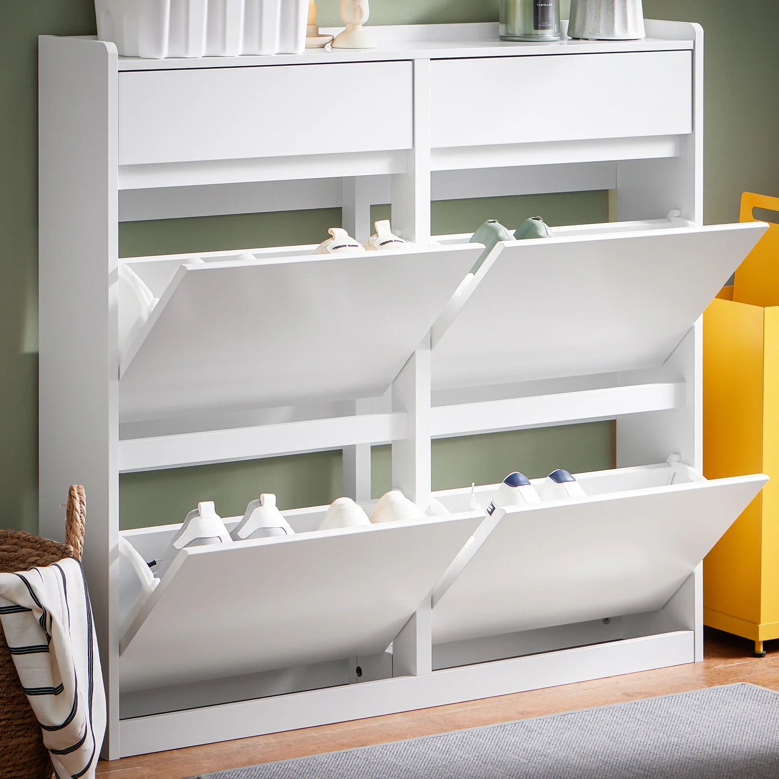 Pre-order SoBuy FSR169-W Schoenenkast met 4 Vouwdeuren en 2 Lade’s – Compact, Ruimtebesparend, Wit, 98x19x95cm - Image 13