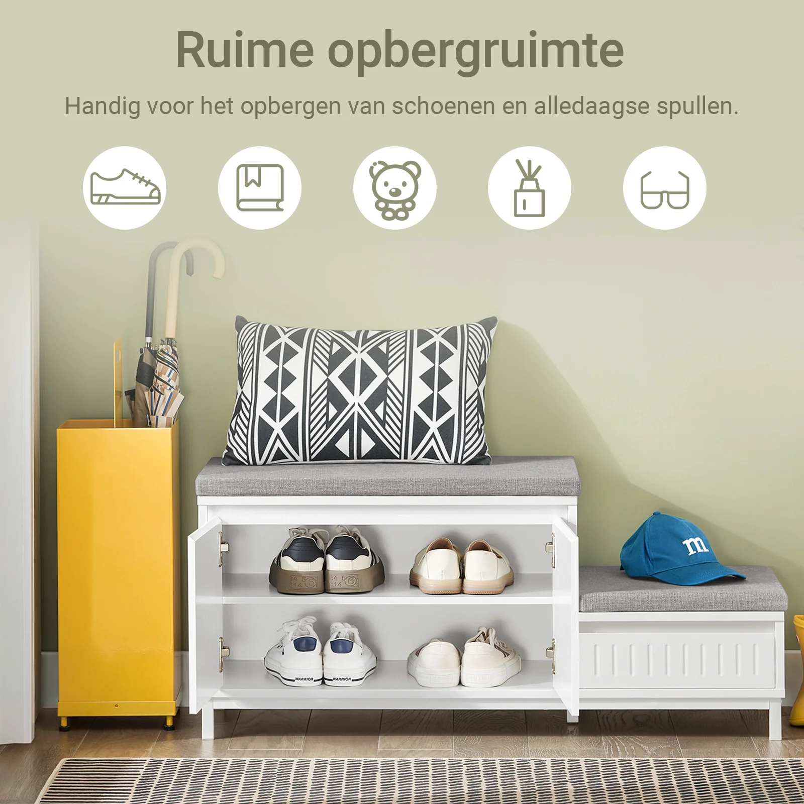 SoBuy FSR172-W Schoenenkast met Zitbank – Schoenenbank voor de Hal met 2 Kussens, 2 Deuren en 1 Lade – Draagvermogen 181 kg, Wit, 100×35×42 cm  [Ontworpen voor het hele gezin] - Image 3