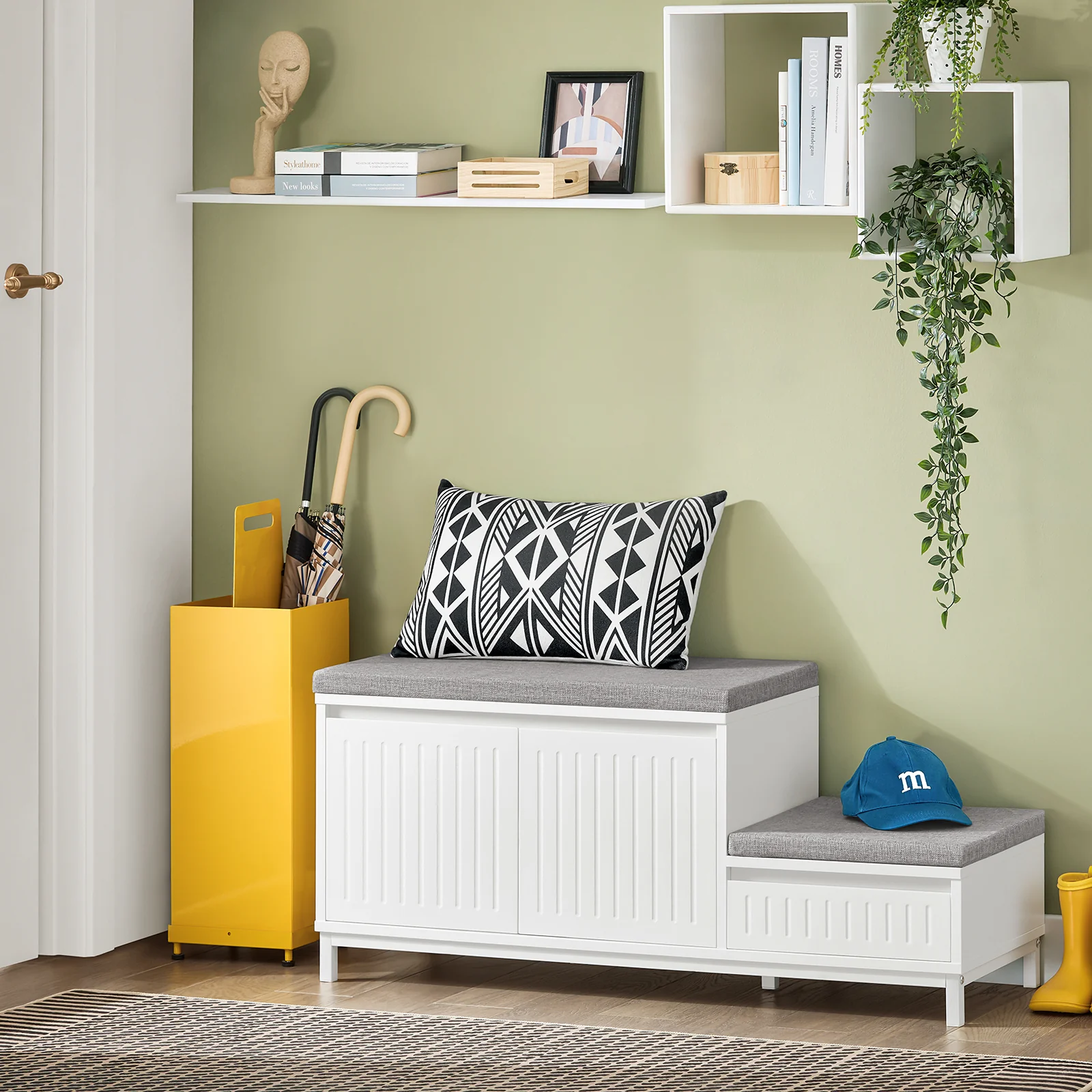 SoBuy FSR172-W Schoenenkast met Zitbank – Schoenenbank voor de Hal met 2 Kussens, 2 Deuren en 1 Lade – Draagvermogen 181 kg, Wit, 100×35×42 cm  [Ontworpen voor het hele gezin] - Image 4