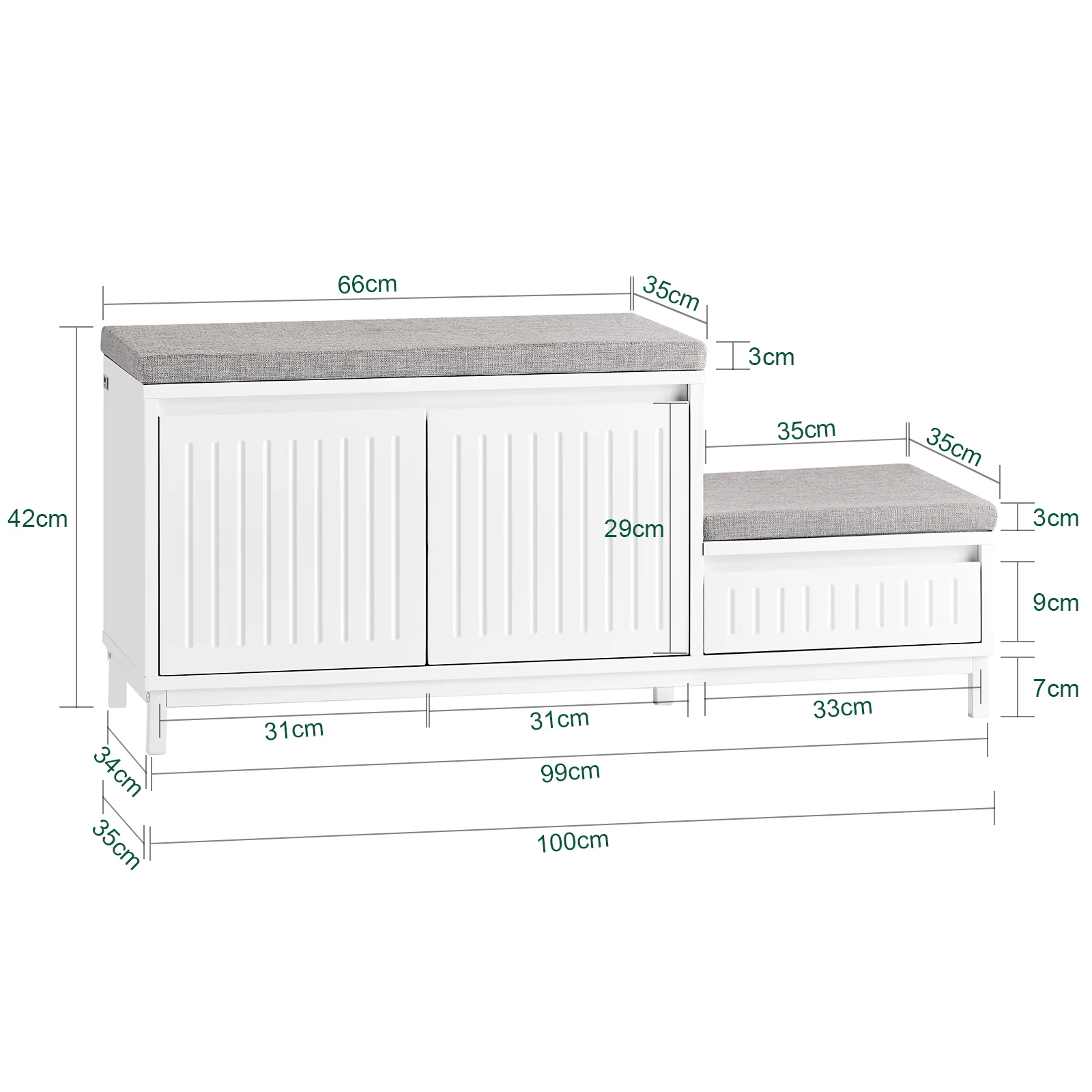 SoBuy FSR172-W Schoenenkast met Zitbank – Schoenenbank voor de Hal met 2 Kussens, 2 Deuren en 1 Lade – Draagvermogen 181 kg, Wit, 100×35×42 cm  [Ontworpen voor het hele gezin] - Image 5