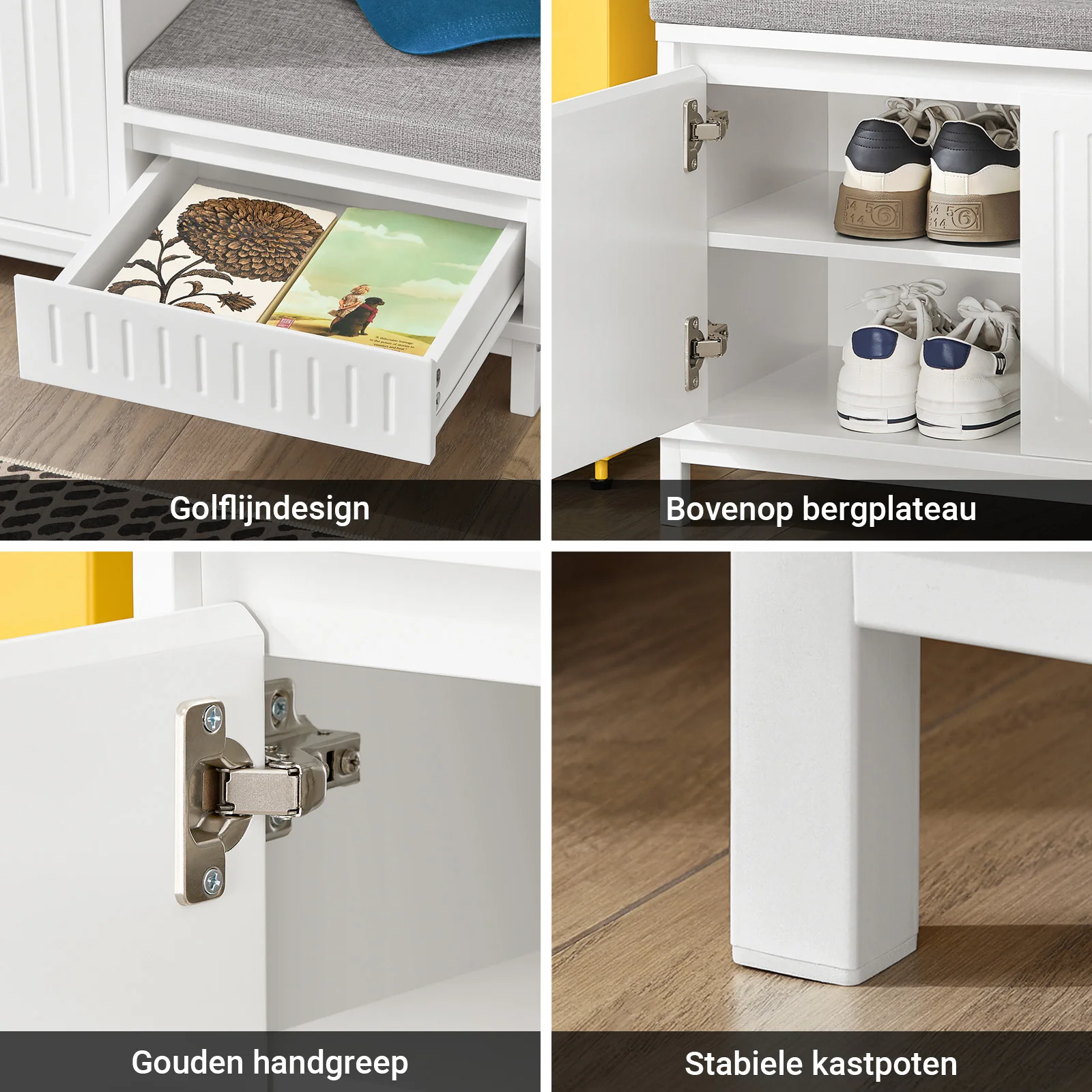 SoBuy FSR172-W Schoenenkast met Zitbank – Schoenenbank voor de Hal met 2 Kussens, 2 Deuren en 1 Lade – Draagvermogen 181 kg, Wit, 100×35×42 cm  [Ontworpen voor het hele gezin] - Image 6
