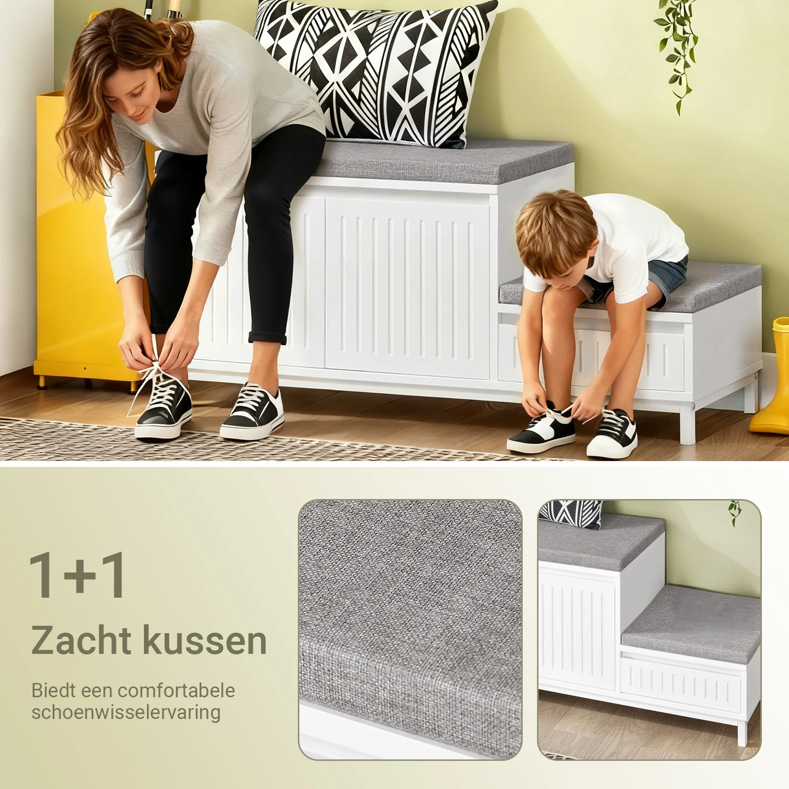 SoBuy FSR172-W Schoenenkast met Zitbank – Schoenenbank voor de Hal met 2 Kussens, 2 Deuren en 1 Lade – Draagvermogen 181 kg, Wit, 100×35×42 cm  [Ontworpen voor het hele gezin] - Image 7