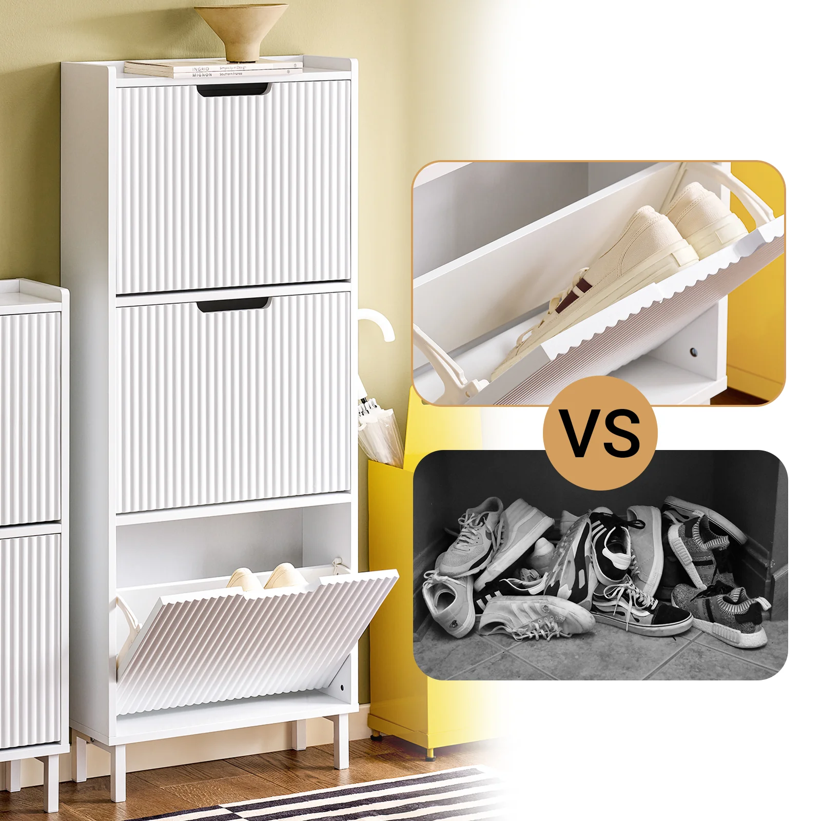 SoBuy FSR177-H-W Smalle Schoenenkast met 3 Kleppen – Modern Entree Schoenenmeubel, Ruimtebesparend & Hoog, 50x19x130 cm, Wit - Image 11