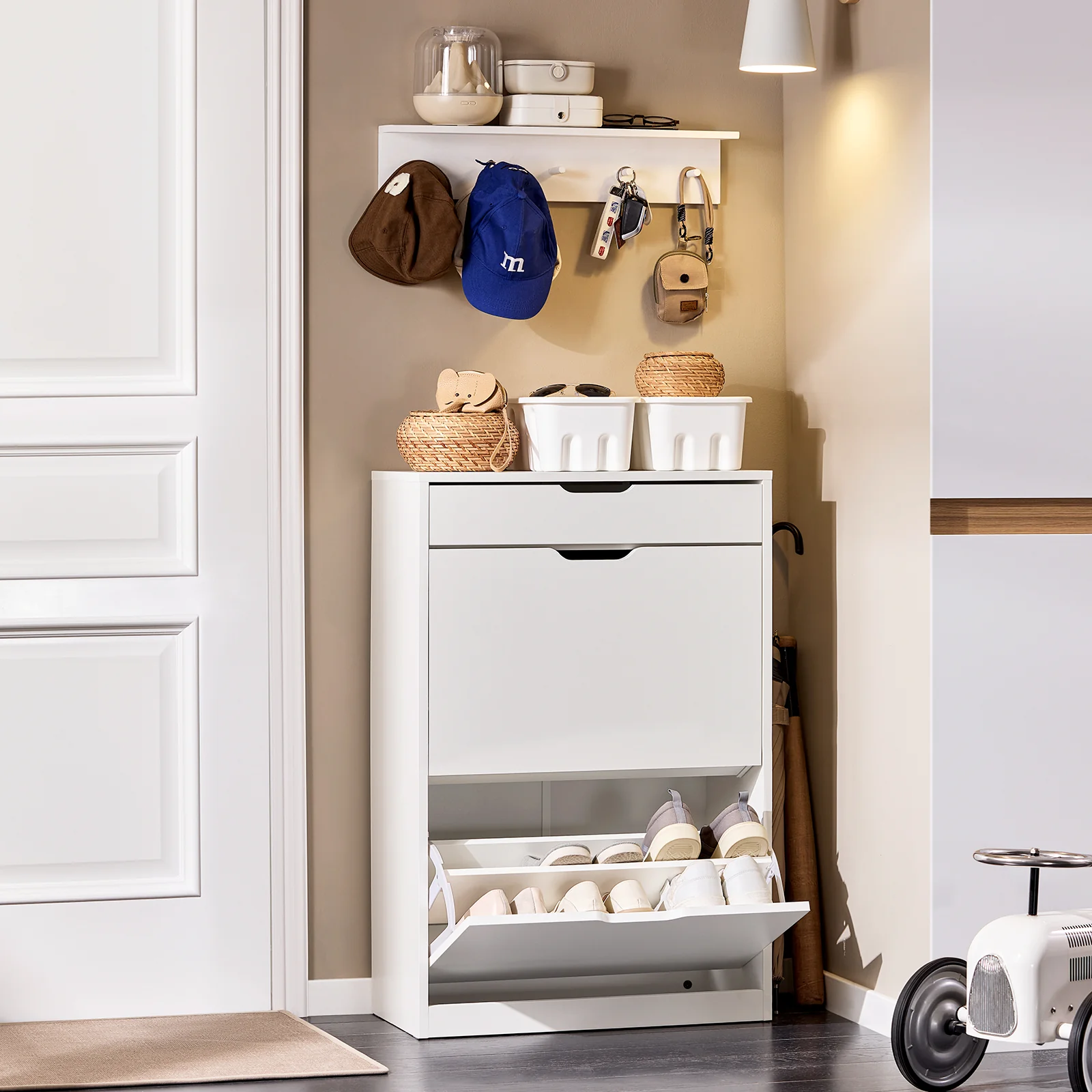 SoBuy FSR180-W Schoenenkast met 2 Klapdeuren & 1 Lade – Modern Meubel voor Hal, Gang of Slaapkamer, L60xP30xH90 cm, Wit - Image 3
