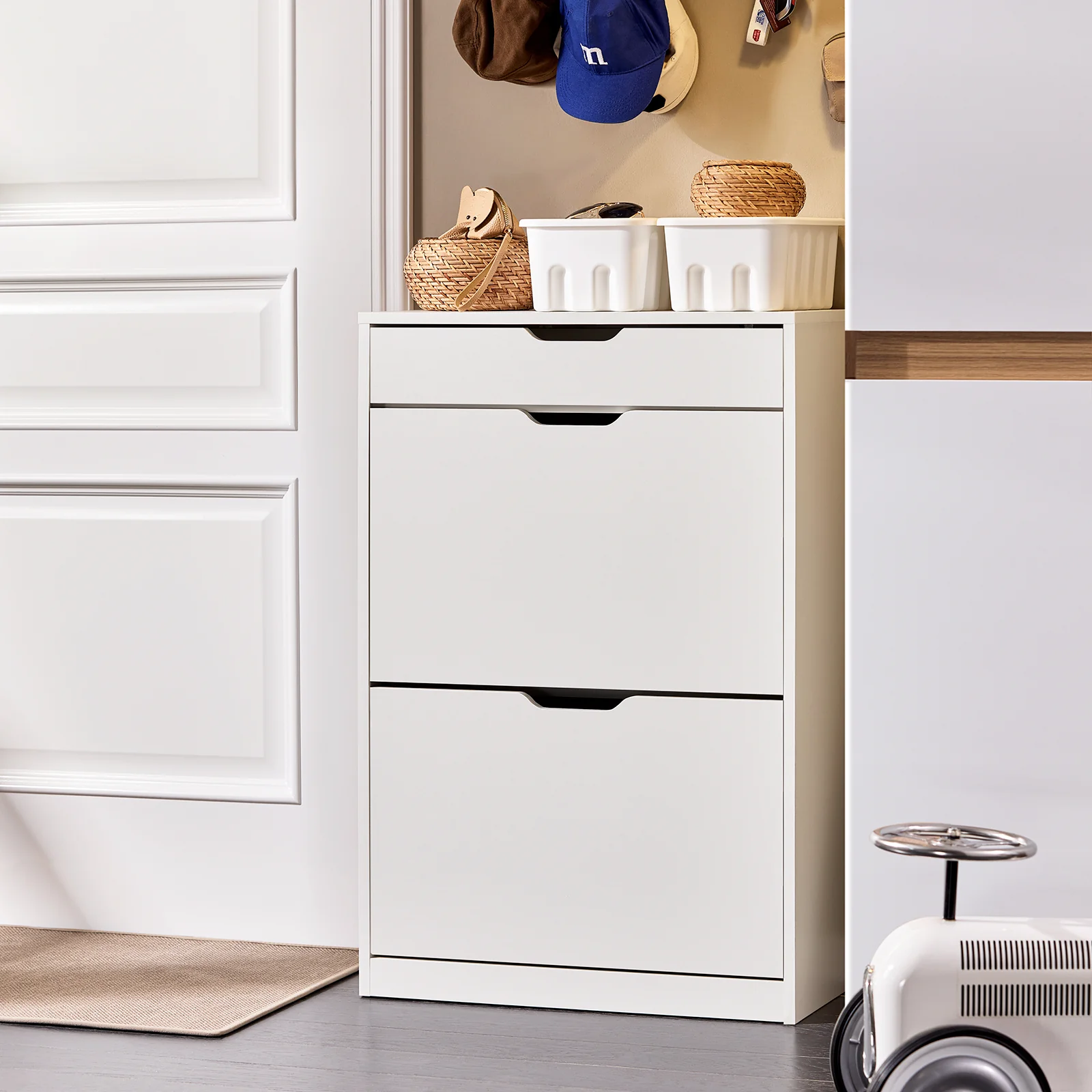SoBuy FSR180-W Schoenenkast met 2 Klapdeuren & 1 Lade – Modern Meubel voor Hal, Gang of Slaapkamer, L60xP30xH90 cm, Wit - Image 4