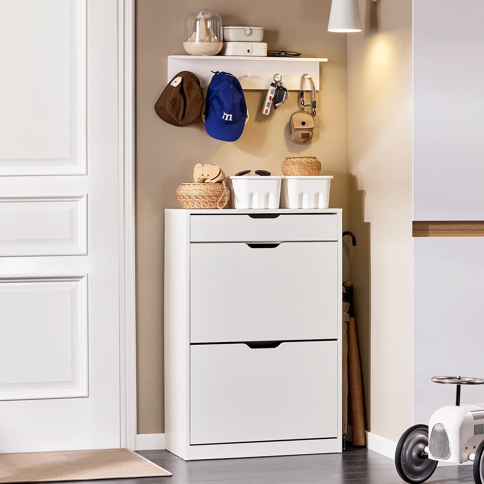 SoBuy FSR180-W Schoenenkast met 2 Klapdeuren & 1 Lade – Modern Meubel voor Hal, Gang of Slaapkamer, L60xP30xH90 cm, Wit - Image 9