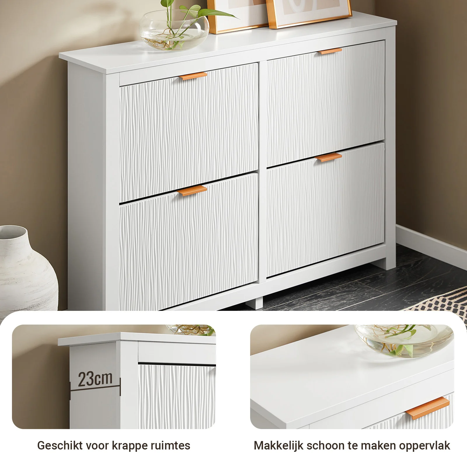 SoBuy FSR186-II-W Schoenenkast – Smalle Opbergkast met 4 Kleppen, Perfect voor Hal & Woonkamer – Compact Design, Wit – 104x23x82 cm - Image 8