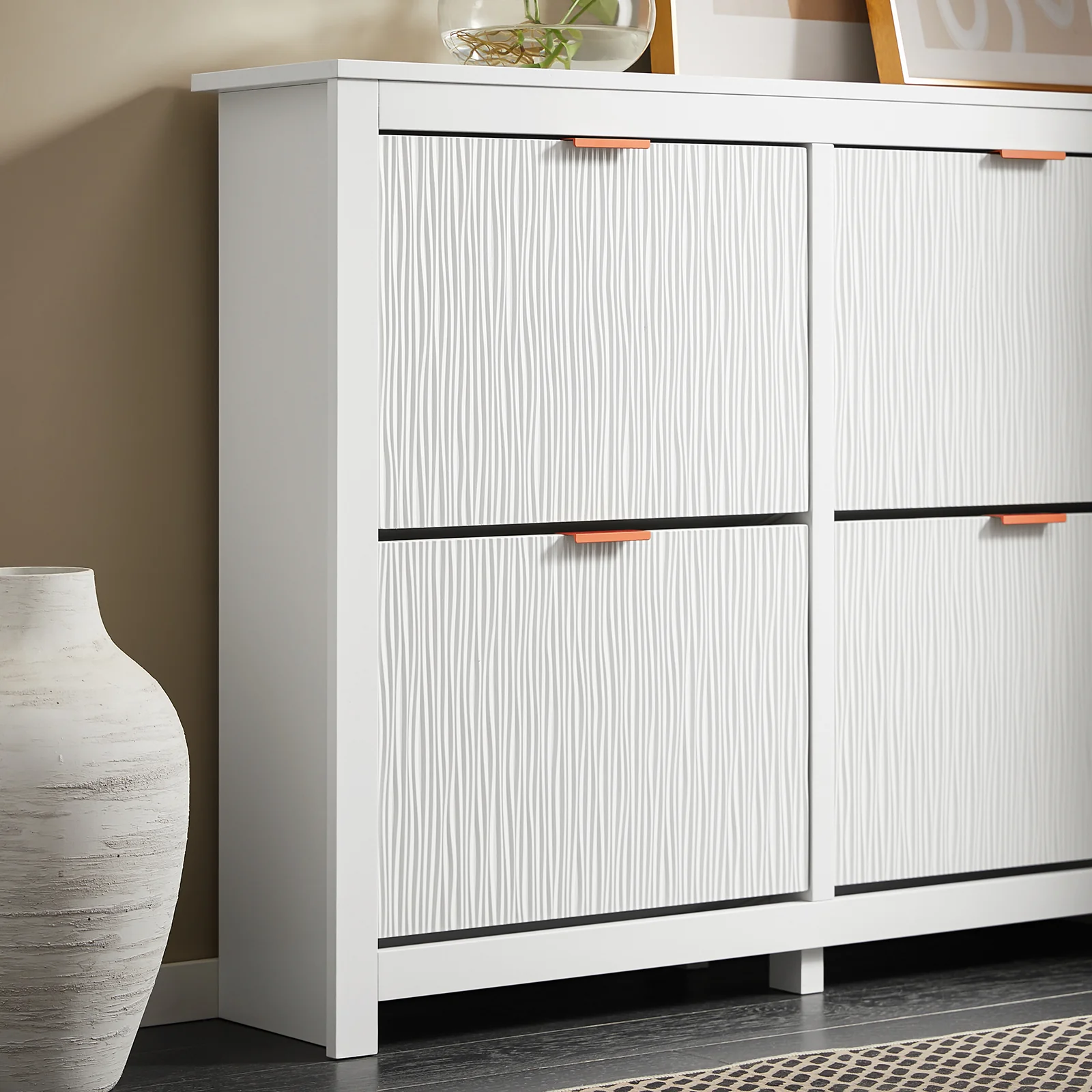 SoBuy FSR186-II-W Schoenenkast – Smalle Opbergkast met 4 Kleppen, Perfect voor Hal & Woonkamer – Compact Design, Wit – 104x23x82 cm - Image 9